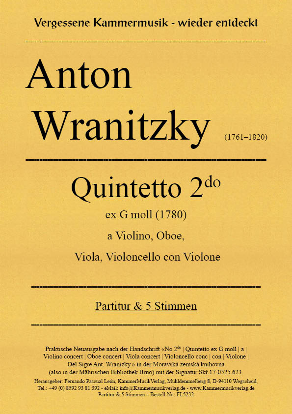 FL5232-Wranitzki_Titelgrafik Wranitzki, Anton – Quintetto 2do ex G moll (1780)