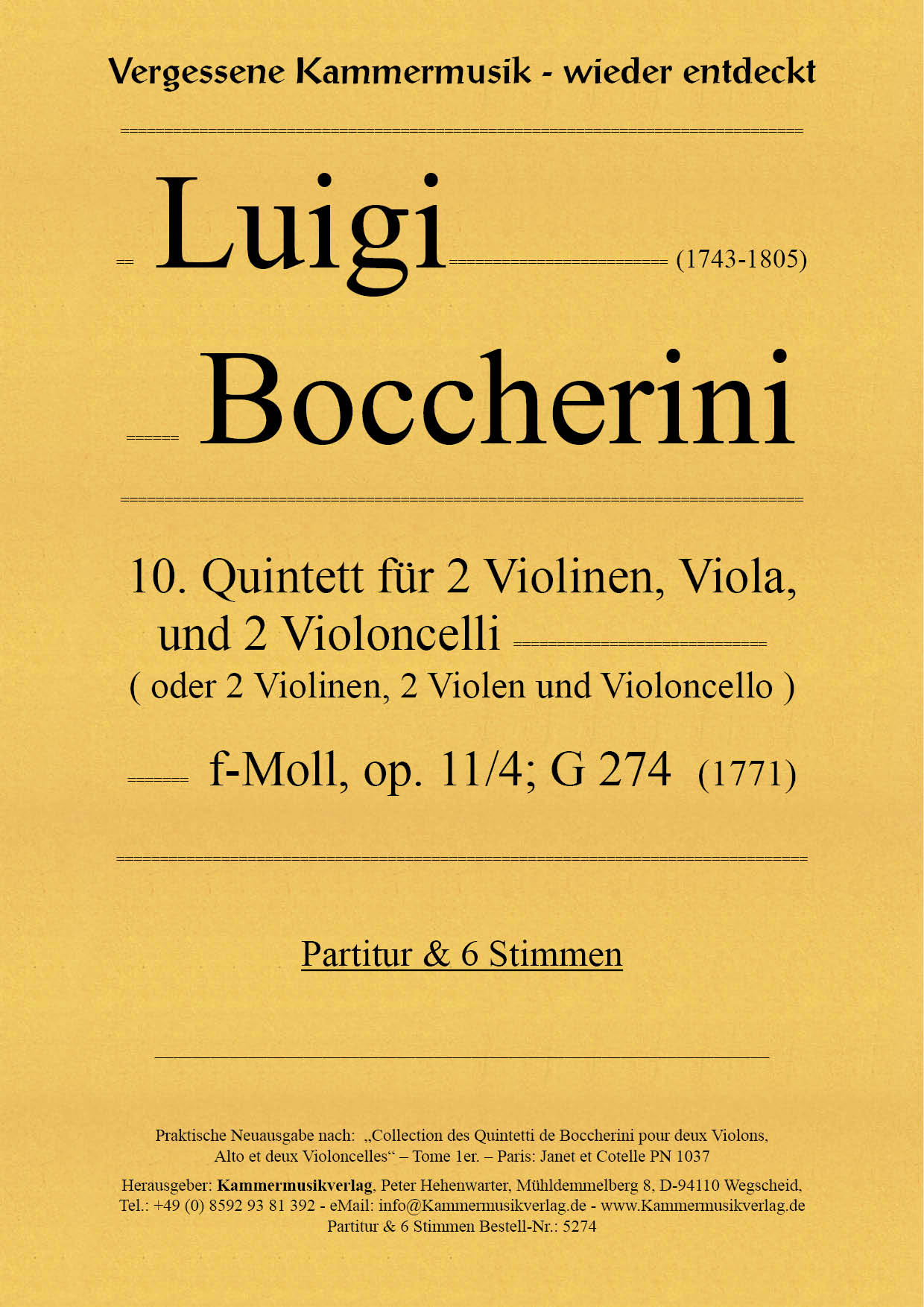 5274_Bocch_op_10_4_Titelgrafik Boccherini, Luigi – 10. Quintett für 2 Violinen, Viola und 2 Violoncelli, f-Moll, op. 11/4, G 274