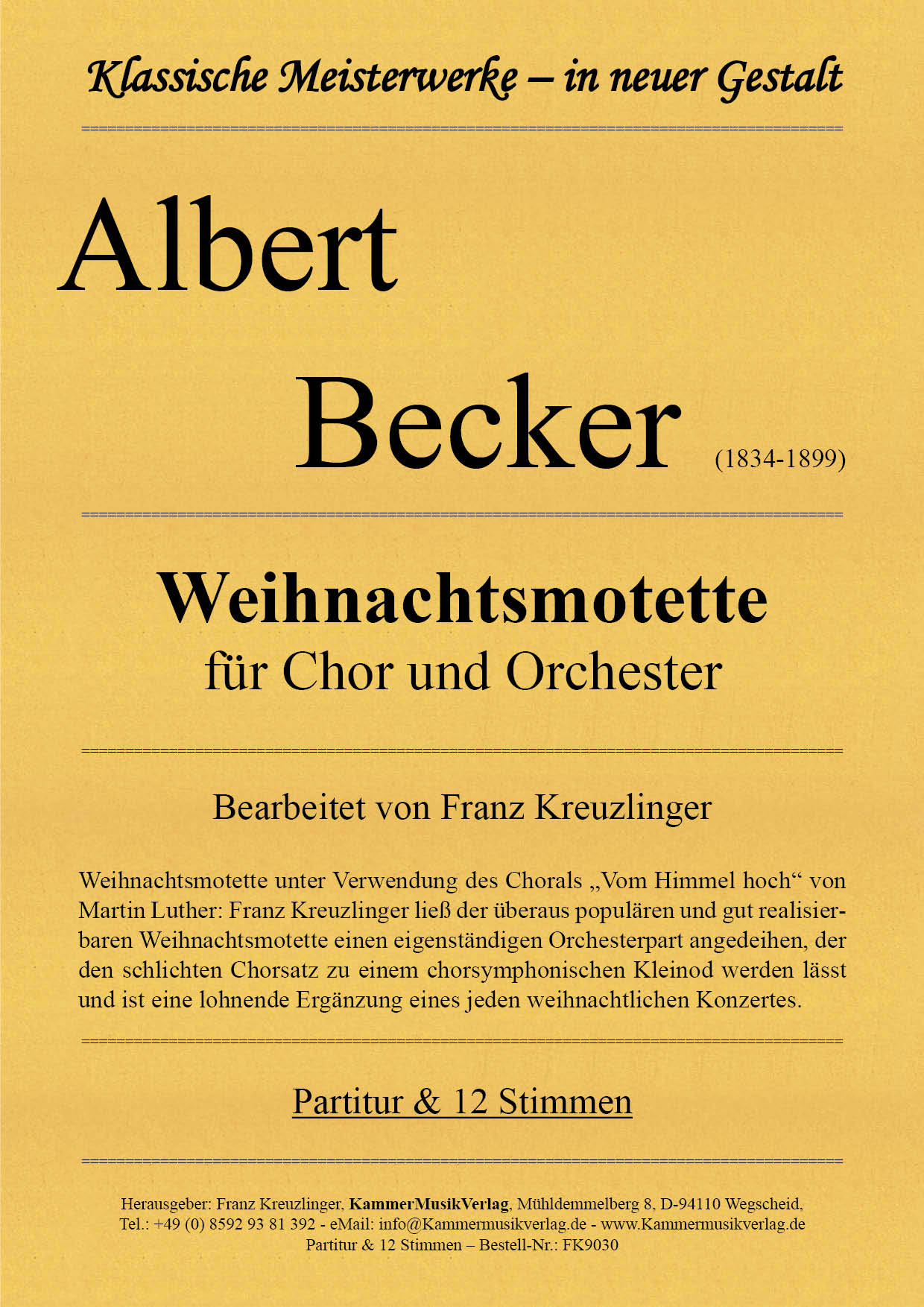 FK9030-Weihnachtsmotette__Titelgrafik Becker, Albert – Weihnachtsmotette für Chor und Orchester