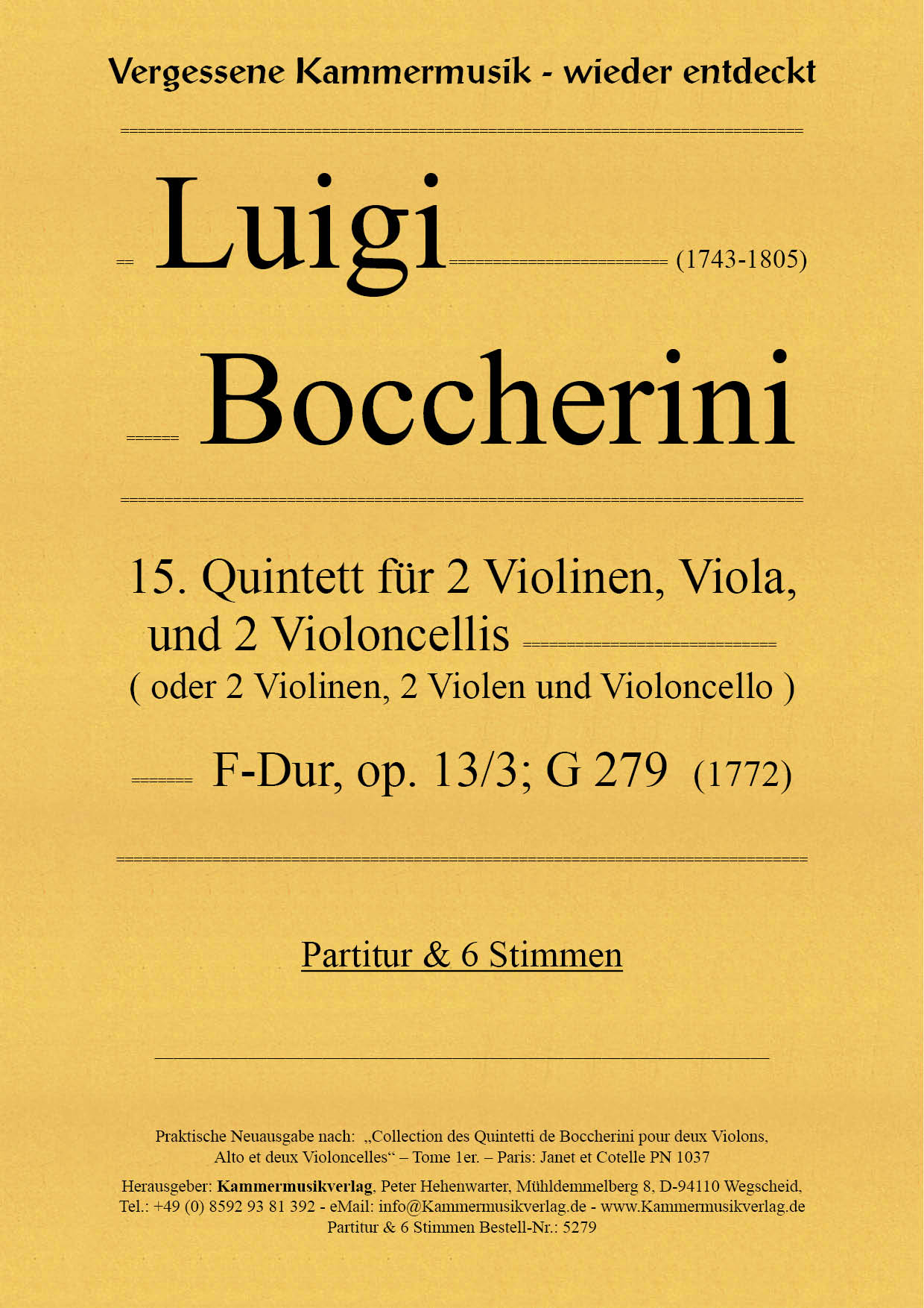 5279_Boccerini_13_3_Titelgrafik Boccherini, Luigi – 15. Quintett für 2 Violinen, Viola und 2 Violoncelli, F-Dur, op. 13/3; G 279