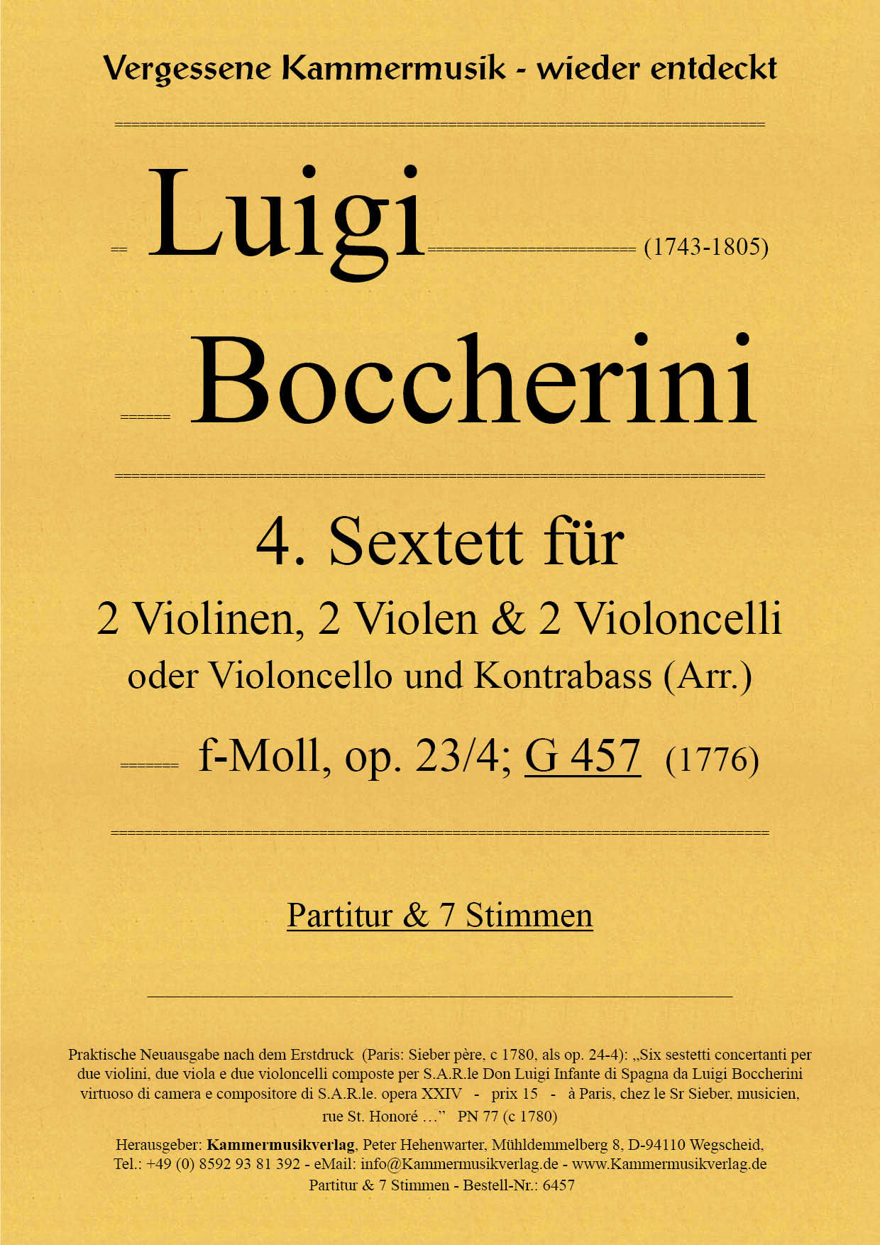 6457-Boccherini_TitelgrafikqJ8KvQWbsflTR Boccherini, Luigi – 4. Sextett für 2 Violinen, 2 Violen und 2 Violoncelli, f-Moll, op. 23-4, G457