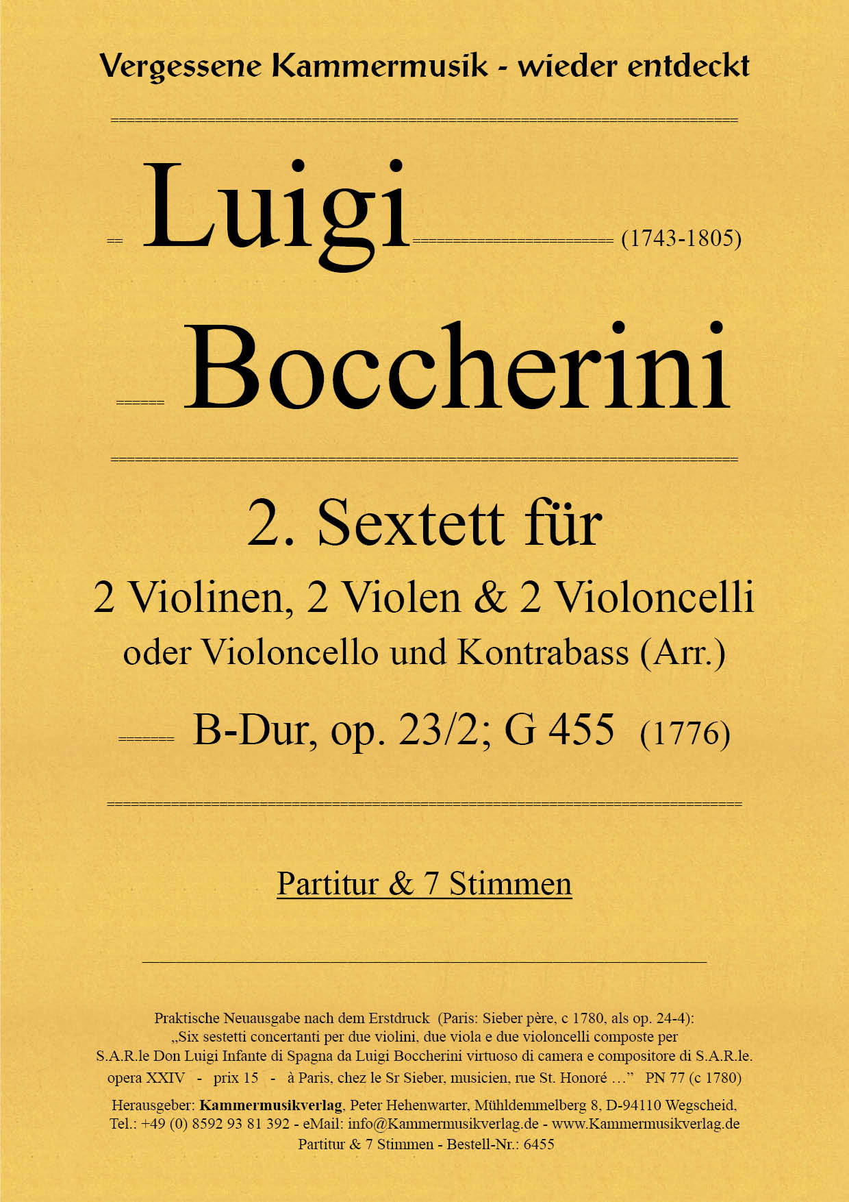 6455-Boccherini__Titelgrafik Boccherini, Luigi – 2. Sextett für 2 Violinen, 2 Violen und 2 Violoncelli, B-Dur, op. 23-2, G455