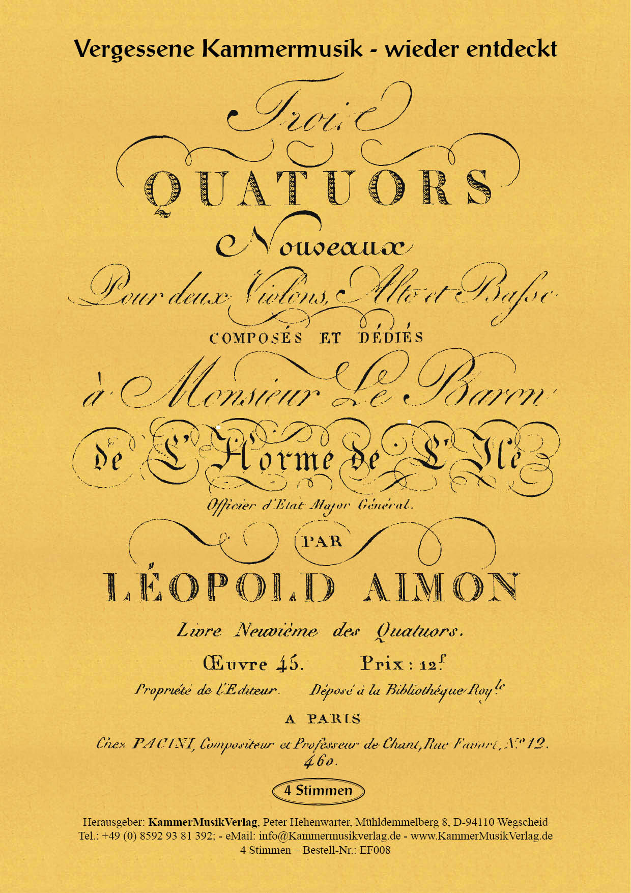 EF008-Aimon_Titelgrafik Aimon, Leopold – 3 Streichquartette, Nr. 1-3, f-Moll, op. 45
