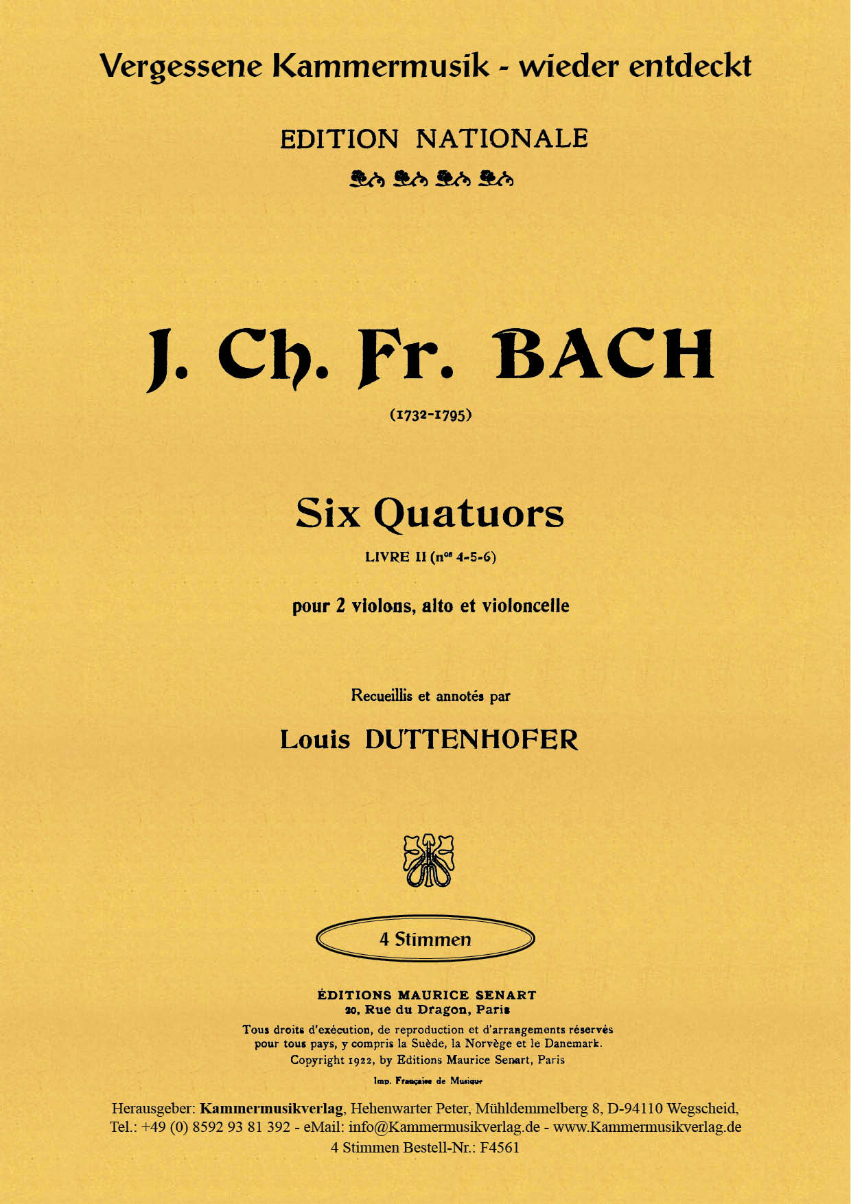 F4561-Bach_B-uck_4bis6_Titelgrafik Bach (Bückeburg), Johann Christ. – Streichquartette Nr. 4-6, Es, B, A-Dur, op. 1, Nr. 4-6