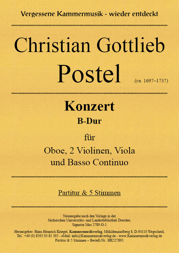 HK527891-Postel_Konzert-B-Dur__Titelgrafik Postel, Christian Gottlieb - Concerto in B flat major for oboe, 2 violins, viola and basso continuo