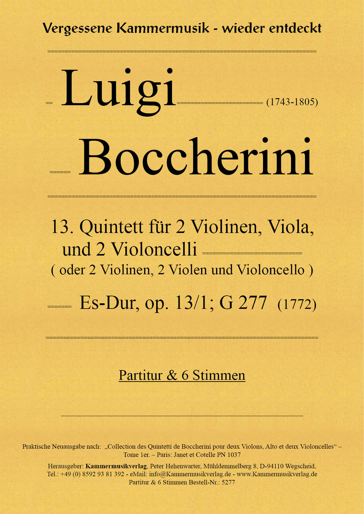 5277_Boccerini_13_1_Titelgrafik Boccherini, Luigi – 13. Quintett für 2 Violinen, Viola und 2 Violoncelli, Es-Dur, op. 13/1; G 277