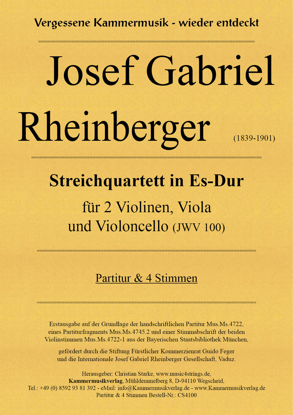 CS4100-Rheinberger_Titelgrafik Rheinberger, Josef Gabriel - String Quartet in E flat major (JWV 100)