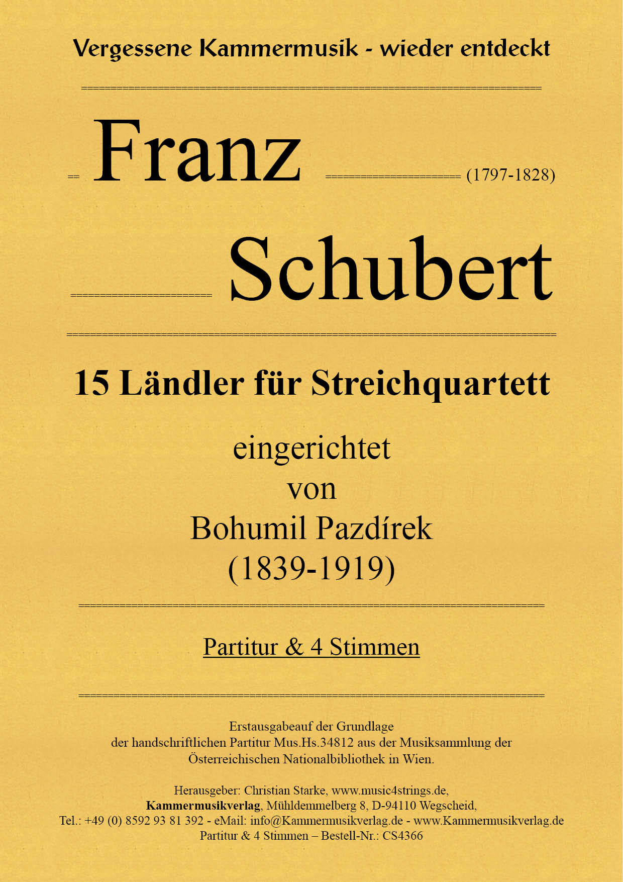 CS-4366-Schubert__Titelgrafik Schubert, Franz – 15 Ländler für Streichquartett