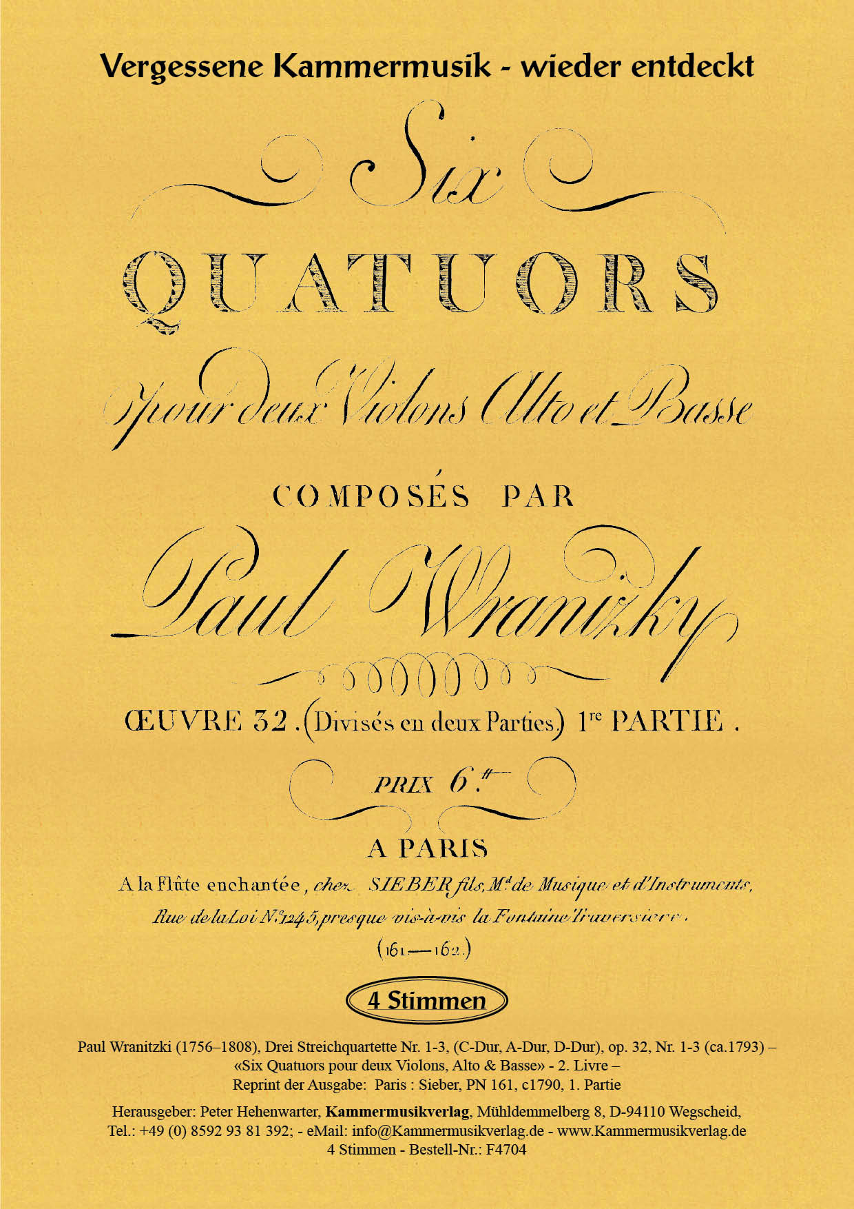 F4704-Wranitzki_op_32_1-3_Titelgrafik Wranitzki, Paul - Three string quartets op. 32, No. 1-3, (C major, A major, D major), op. 32, No. 1-3