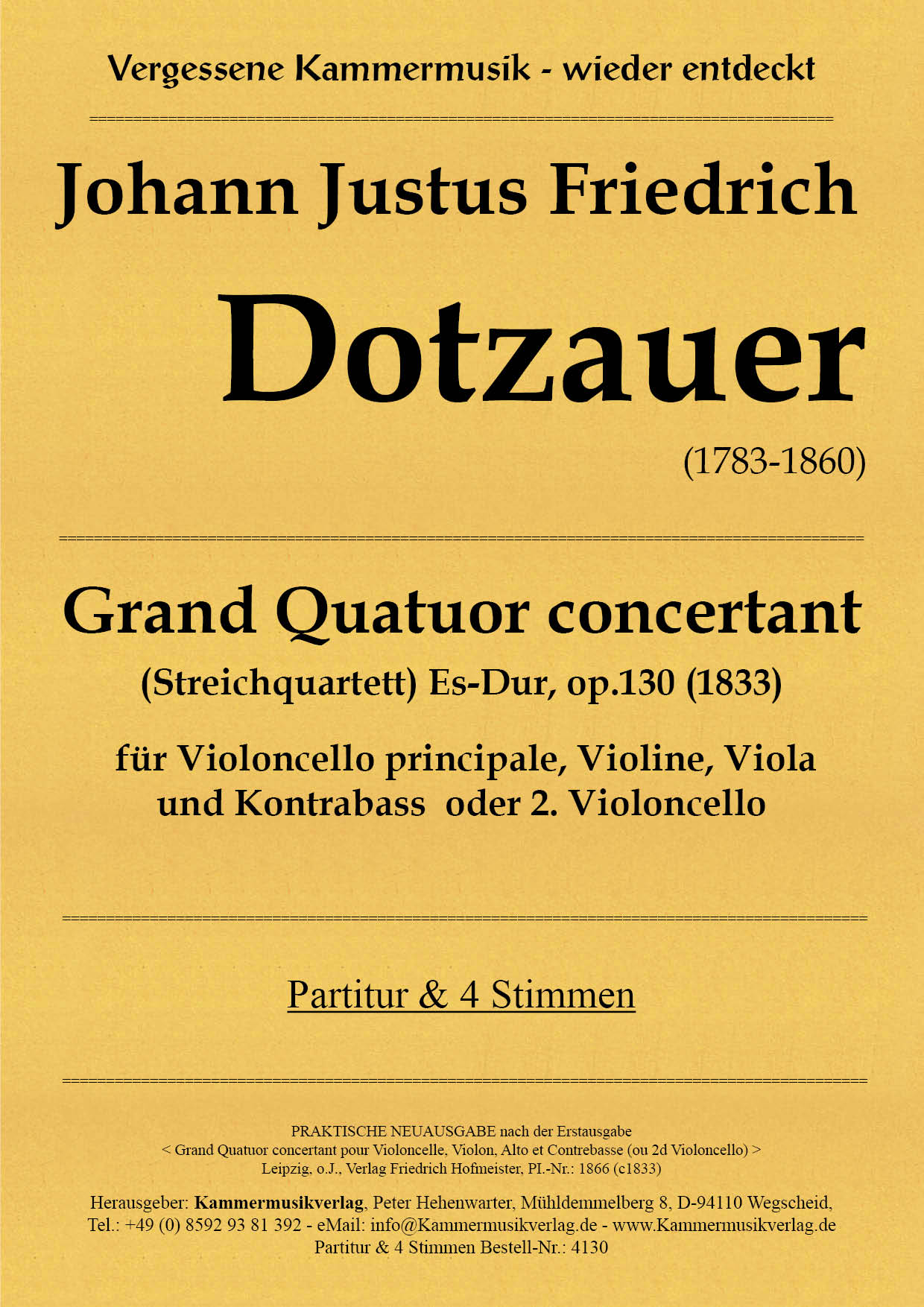 4130-Dotzauer_op_130_Titelgrafik Dotzauer, Justus Johann  Friedrich – Streichquartett, Es-Dur, op. 130