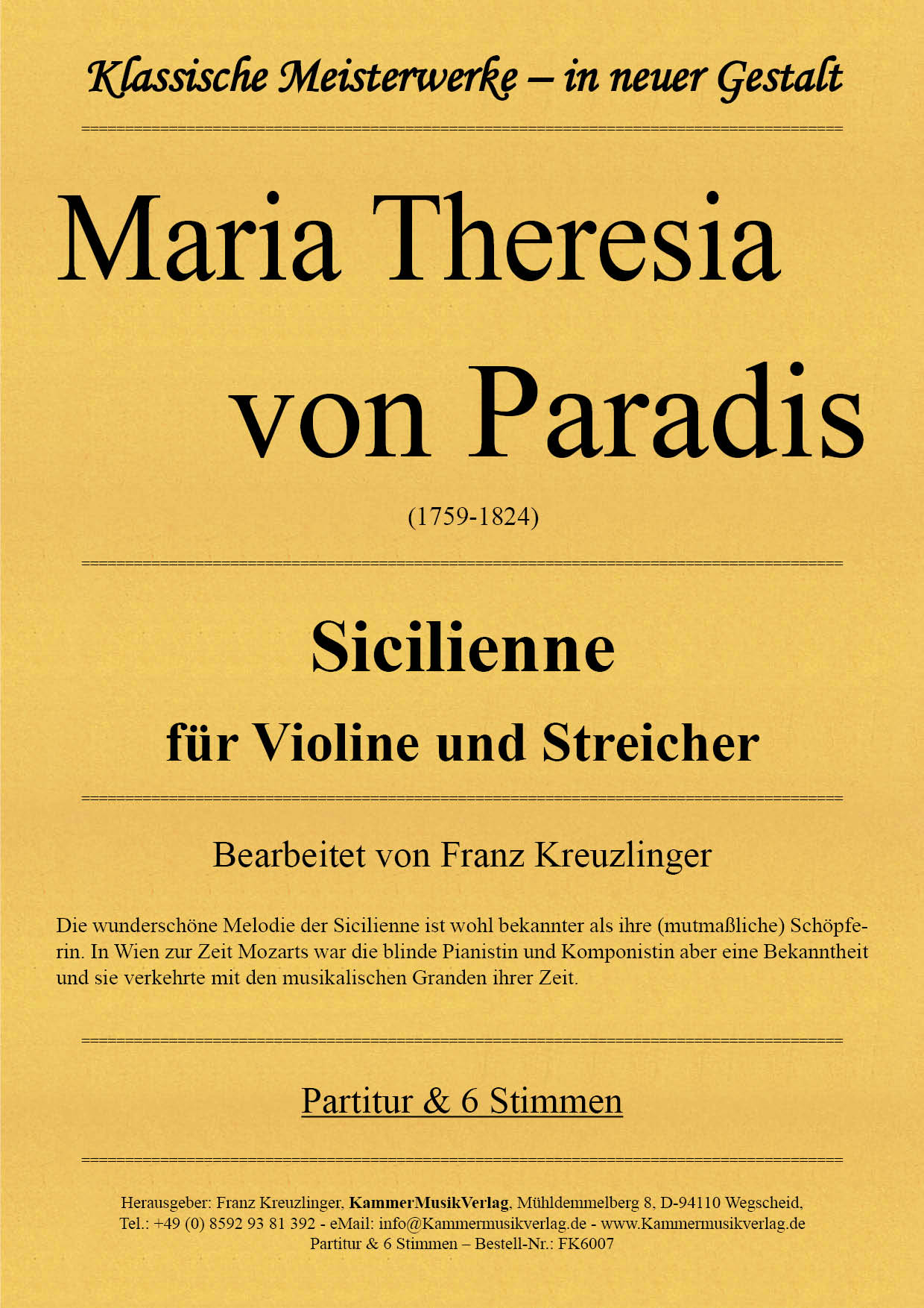 FK6007-Sicilienne__Titelgrafik Paradis, Maria Theresia von  – Sicilienne für Violine und Streicher