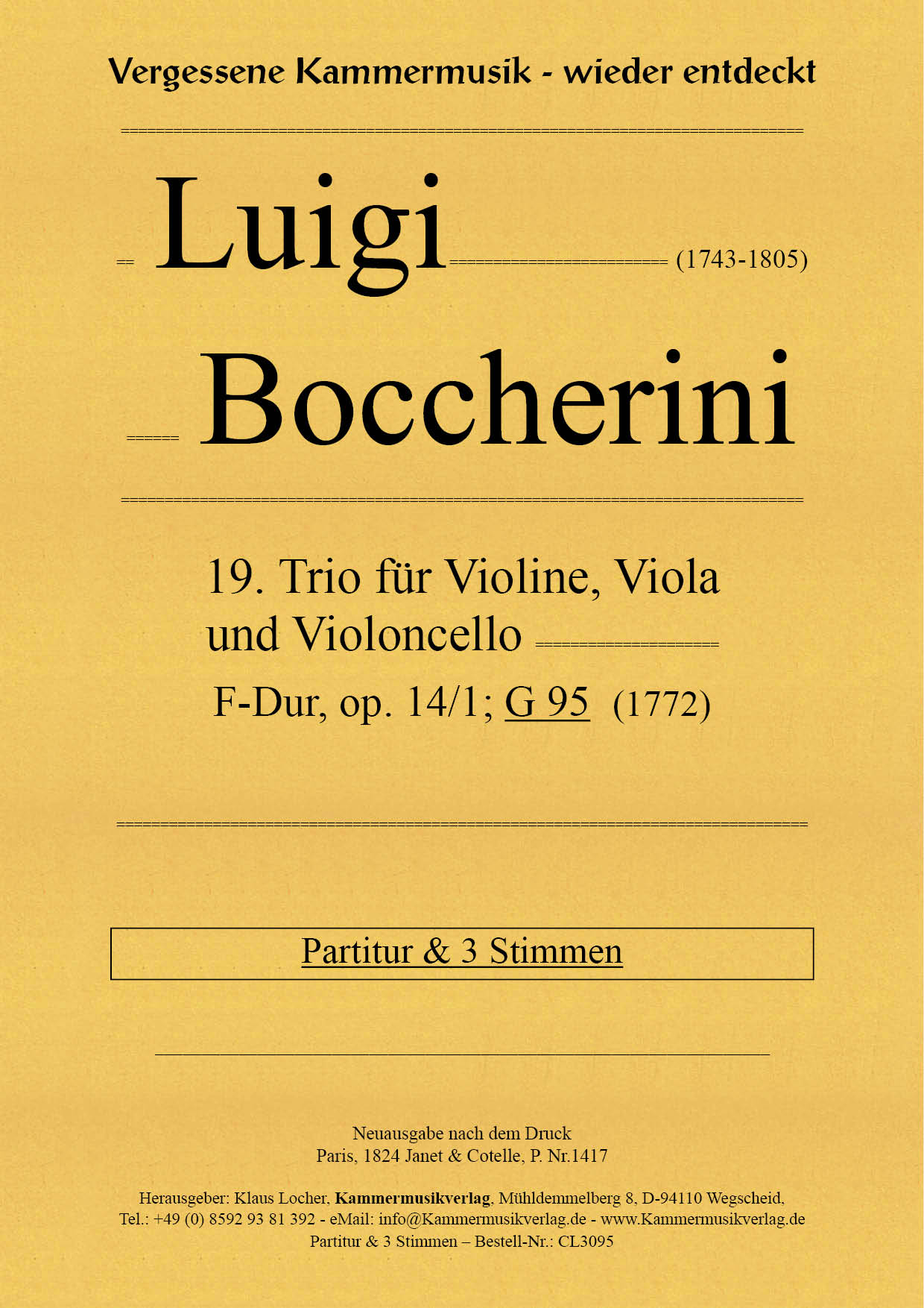 CL3095_Boccerini__Titelgrafik Boccherini, Luigi - 19nd Trio for Violin, Viola and Violoncello, F major, op. 14-1, G 95