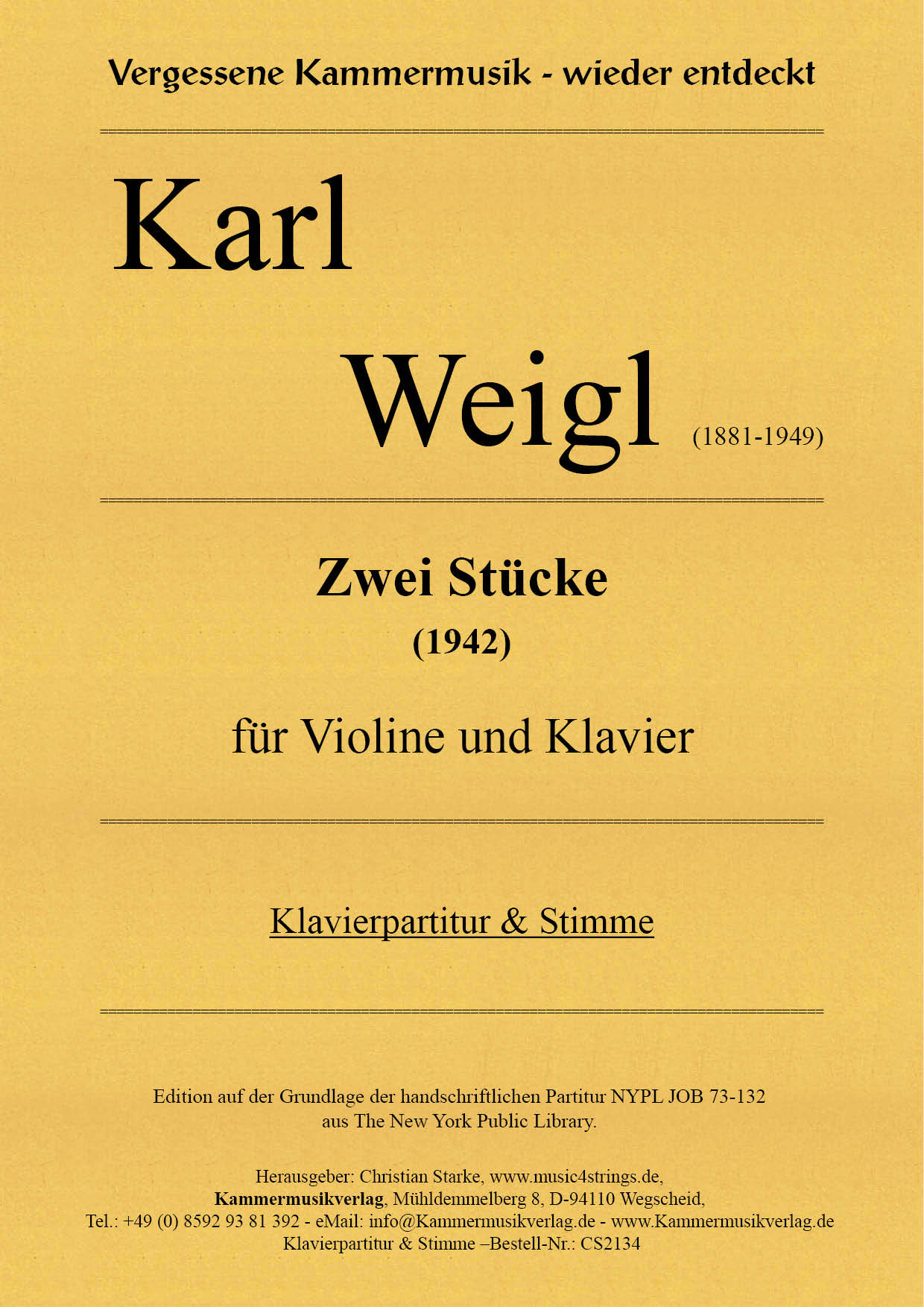CS2134-Weigl-2_Stuecke__Titelgrafik Weigl, Karl – Zwei Stücke für Violine und Klavier