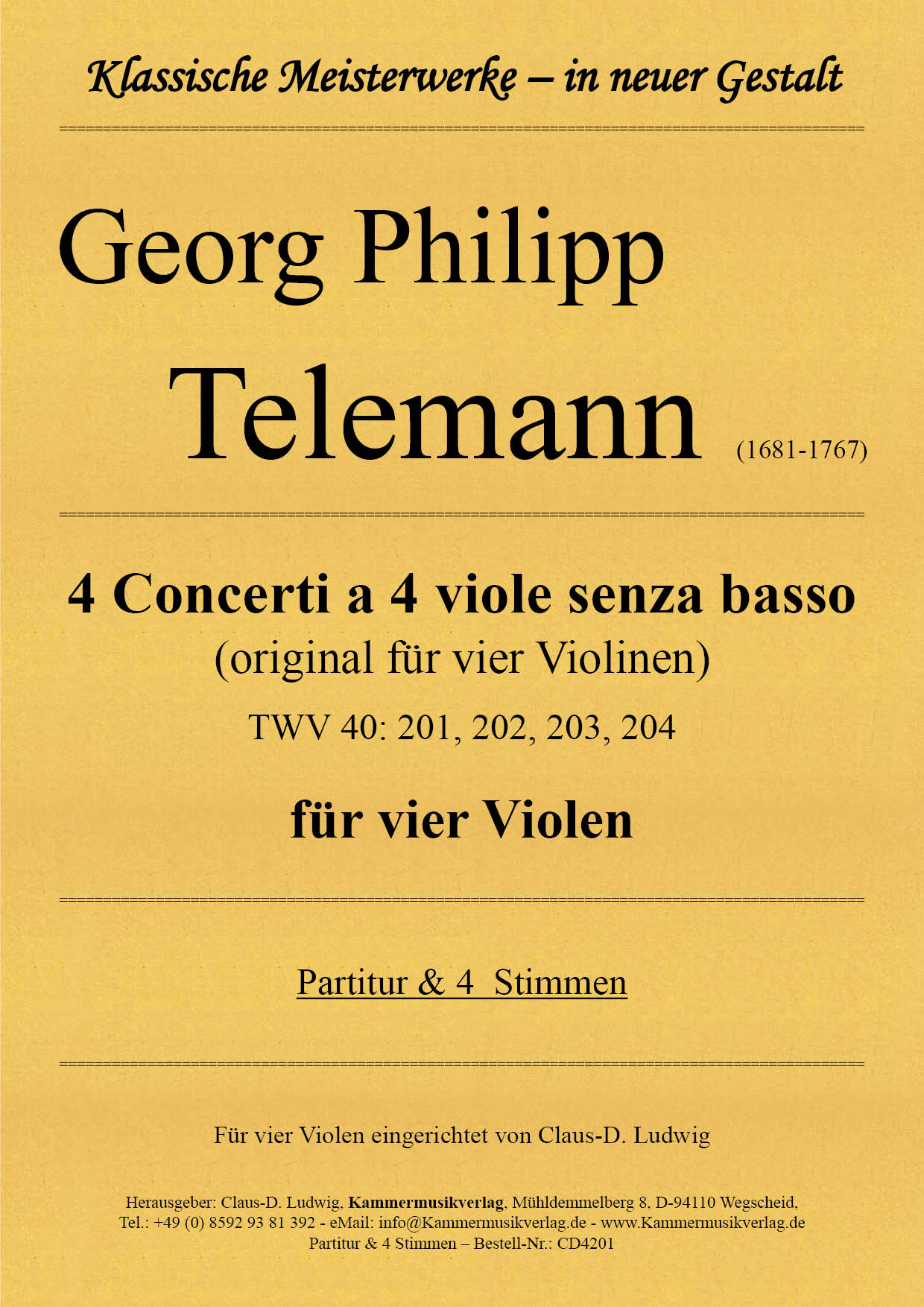 CD4201-Telemann__Titelgrafik Telemann, Georg Philipp – 4 Concerti a 4 viole senza basso