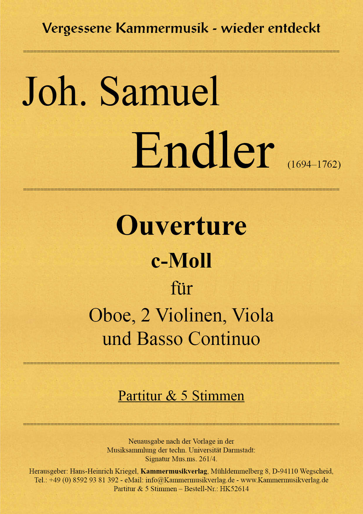 HK52614-Endler-Ouverture-c-Moll__Titelgrafik Endler, Joh. Samuel - Ouverture in C minor for oboe, 2 violins, viola and basso continuo