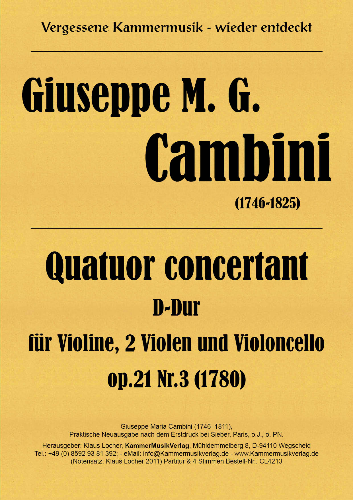 CL4213-Cambini_Partitur_Titelgrafik58a0a3289b7ad Cambini, Giuseppe Maria – Streichquartett (2 Va) Nr. 3, D-Dur, op. 21-3