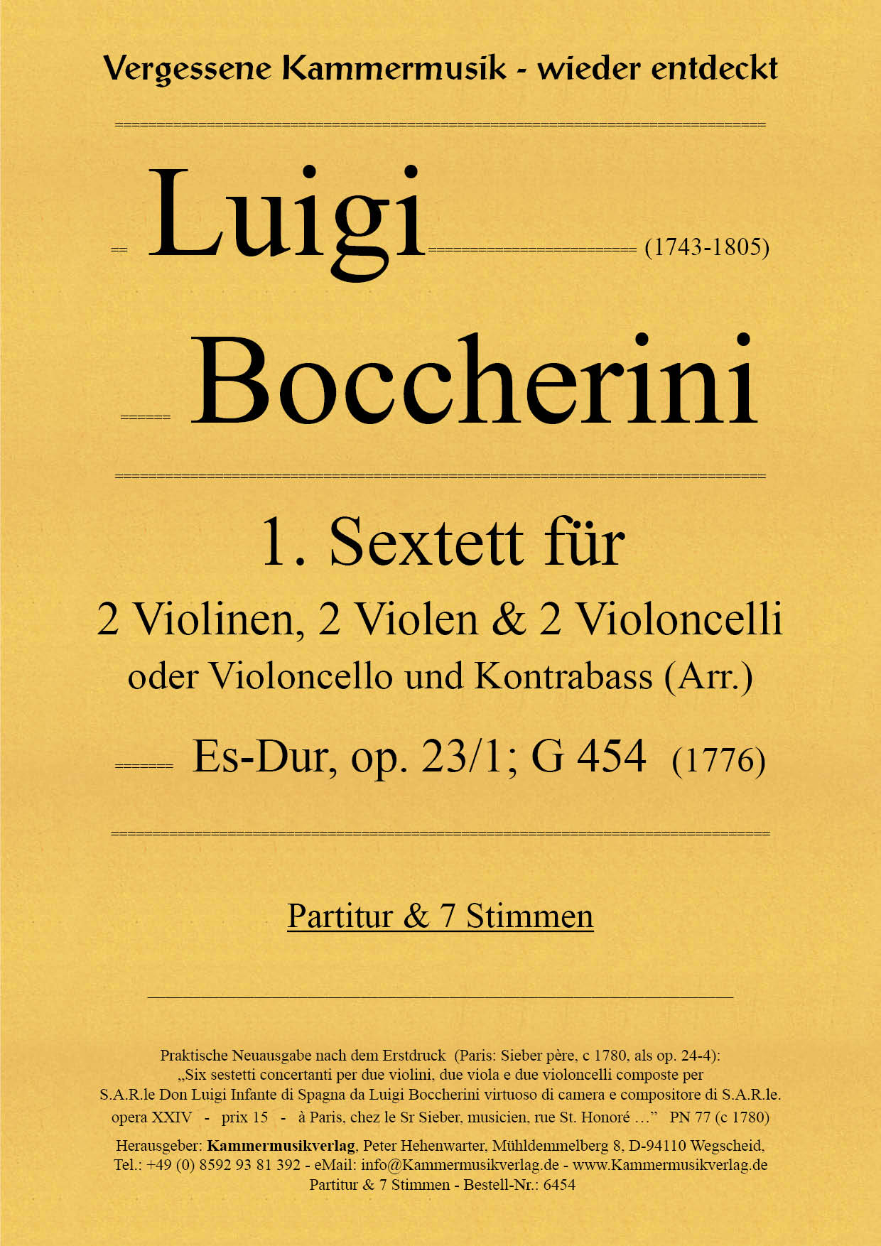 6454-Boccherini_Titelgrafik Boccherini, Luigi – 1. Sextett für 2 Violinen, 2 Violen und 2 Violoncelli, Es-Dur, op. 23-1, G454