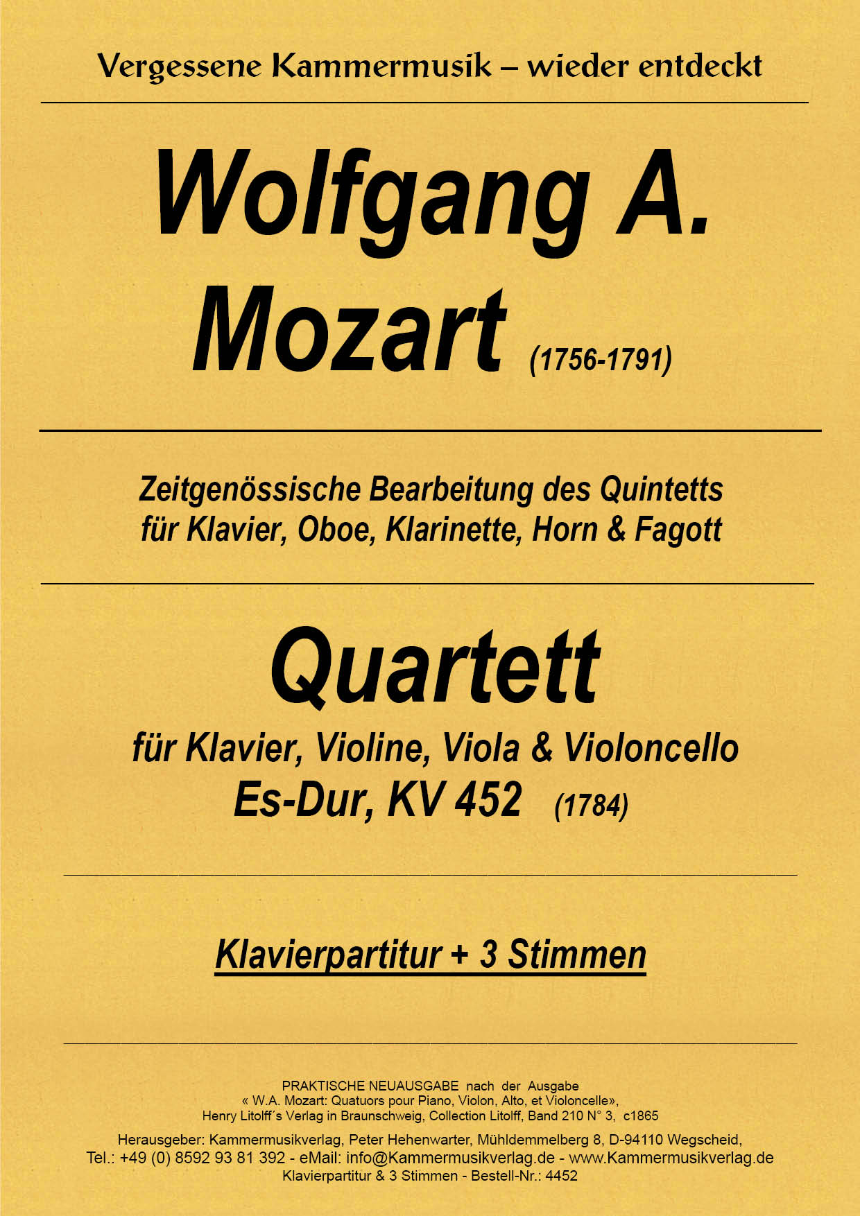 4452-Mozart_WA__Titelgrafik Mozart, Wolfgang Amadeus - Piano Quartet (arr.), E flat major, KV452