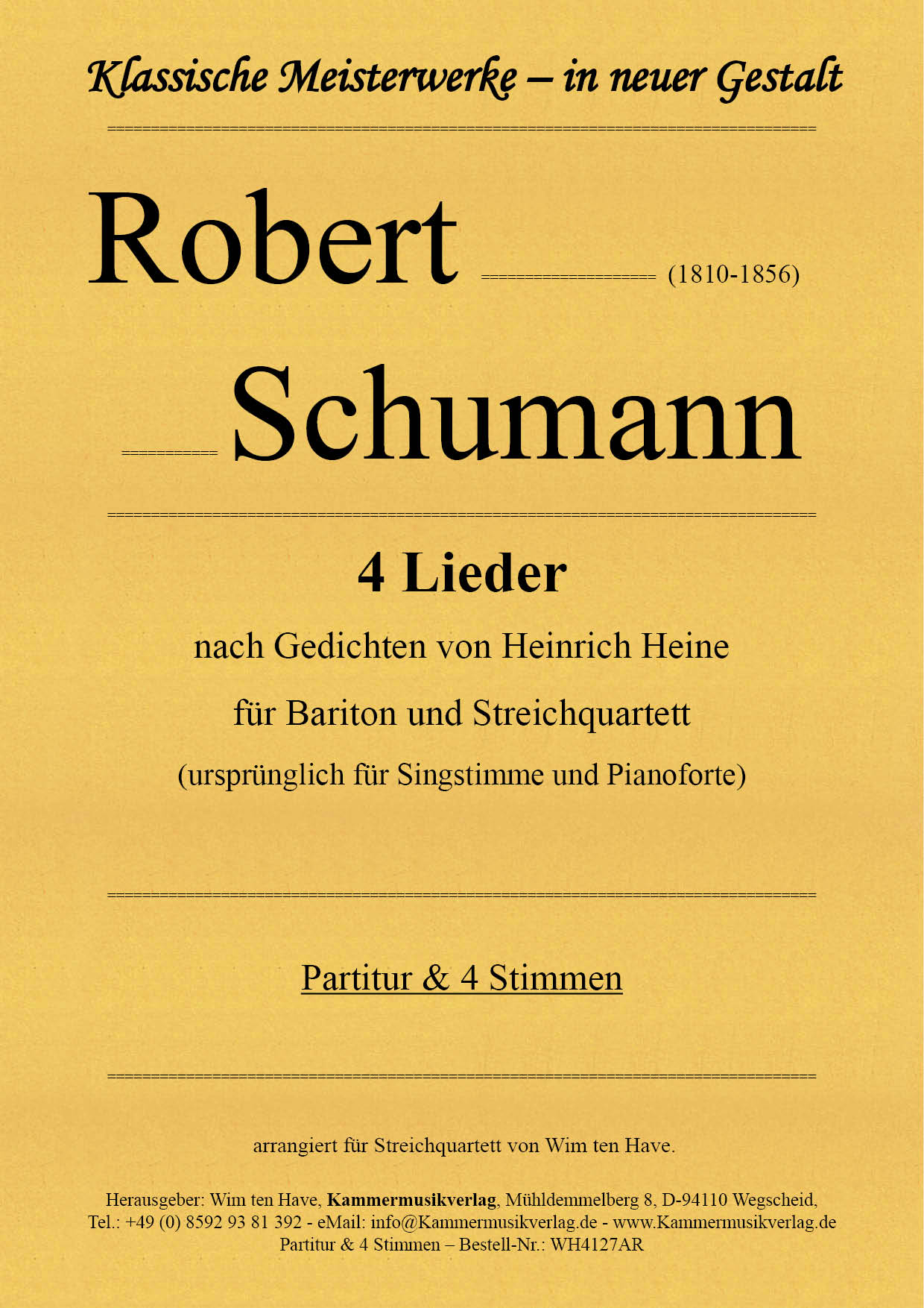 WH4127AR-Schumann__Titelgrafik Schumann, Robert – 4 Lieder für Bariton und Streichquartett