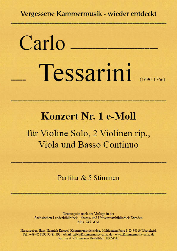 HK64511-Tessarini-Conc-e-Moll__Titelgrafikf0ChRzZxcO2Xn Tessarini, Carlo – Konzert Nr. 1 e-Moll für Violine Solo, 2 Violinen rip., Viola und Basso Continuo