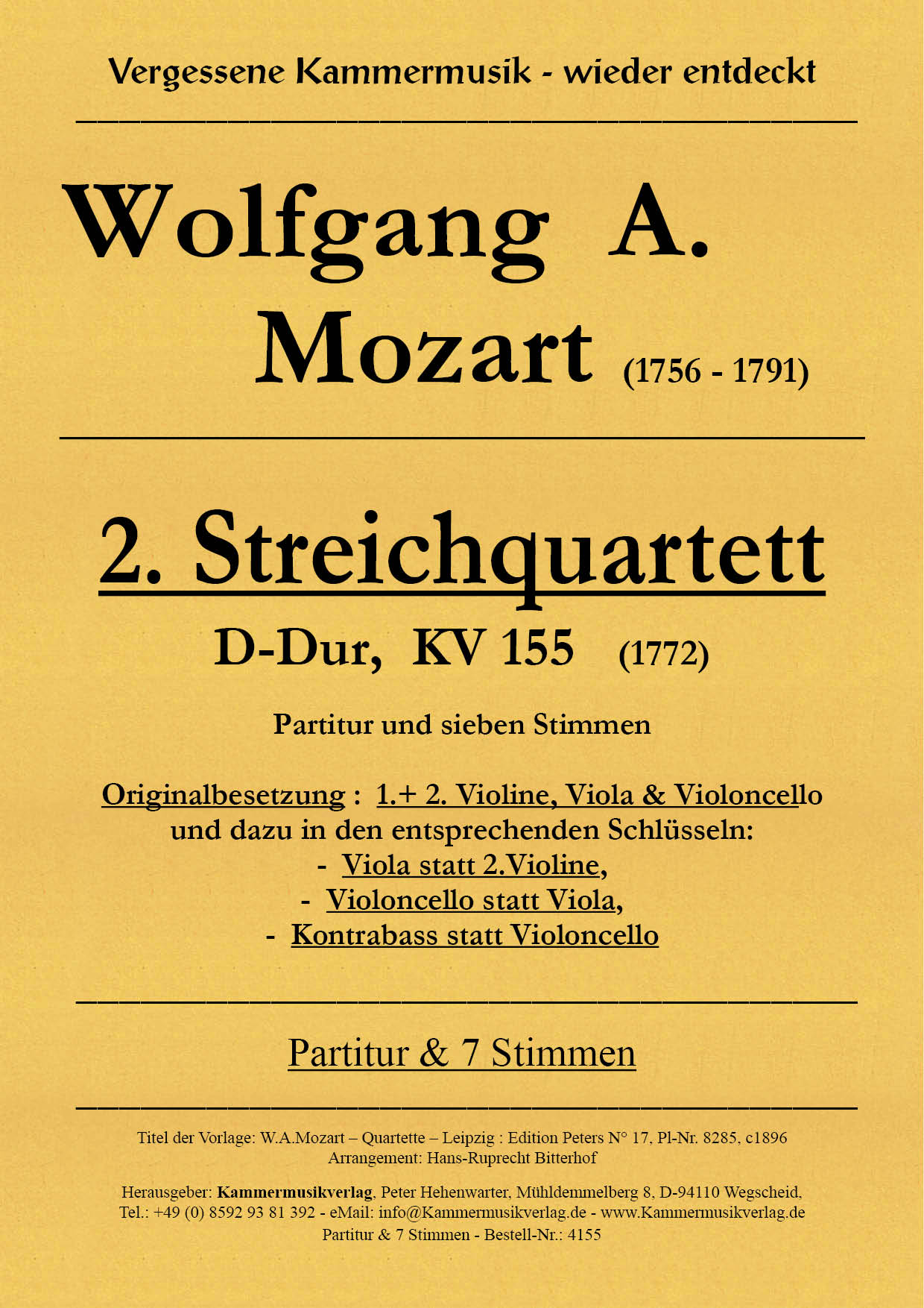 4155-Mozart_KV_155__Titelgrafik Mozart, Wolfgang Amadeus – Streichquartett Nr. 2, D-Dur, KV155