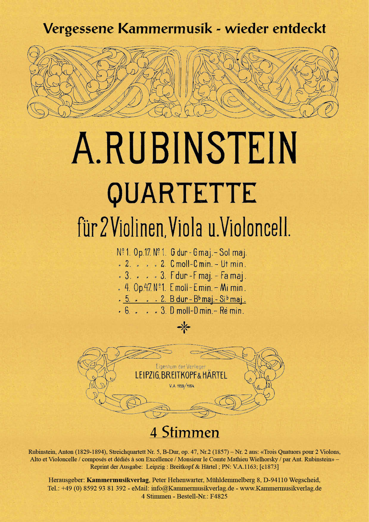 F4825_Rubinstein__Titelgrafika5IHEnpn3QLk9 Rubinstein, Anton – Streichquartett Nr. 5, B-Dur, op. 47, Nr. 2