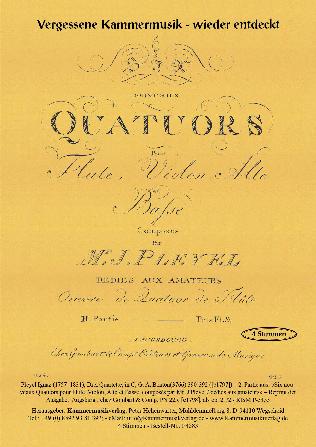 F4766-Pleyel-Floete_Titelgrafik Pleyel, Ignaz – Drei (Flöten-) Quartette, in C, G, A, Benton(3766) 390-392