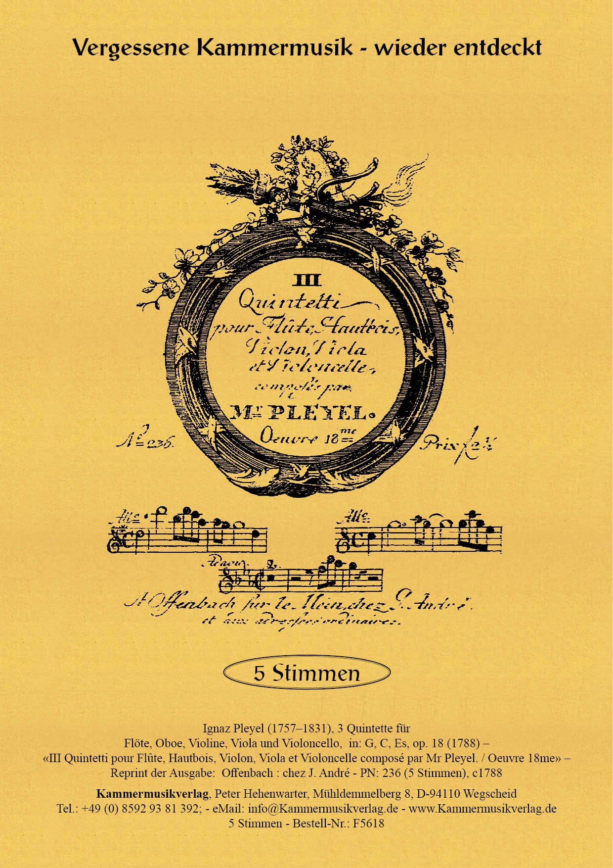 F5618-Pleyel_op_18__Titelgrafik Pleyel, Ignaz – 3 Quintette für Flöte, Oboe, Violine, Viola und Violoncello, in: G, C, Es, op. 18