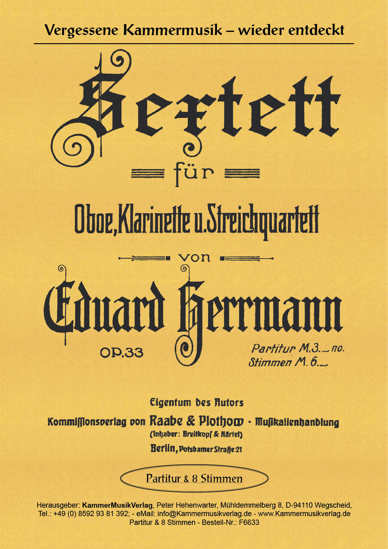 F6633-Herrmann_E_op_33__Titelgrafik Herrmann, Eduard – Oboe, Klarinette und Streichquartett, g-Moll, op. 33