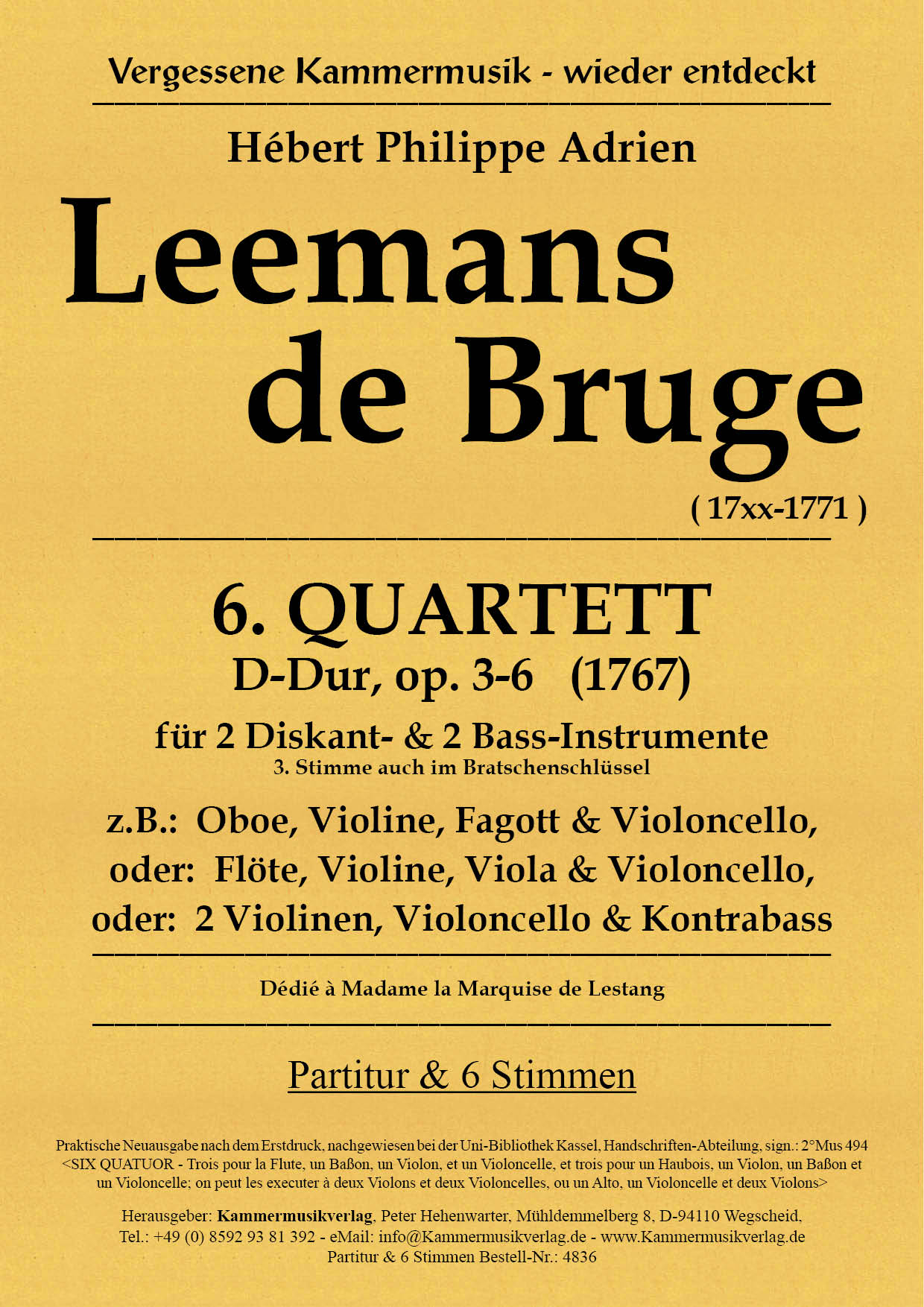 4836-Leemans_op_3_6_Titelgrafik Leemans de Bruge, Hébert Ph. A. – Streichquartett Nr. 6, D-Dur, op. 3-6