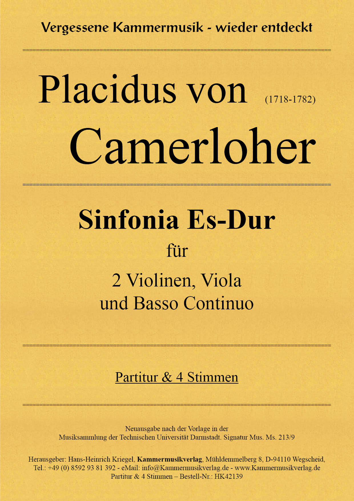 Camerloher, Placidus von – Sinfonia Es-Dur für 2 Violinen, Viola und Basso Continuo
