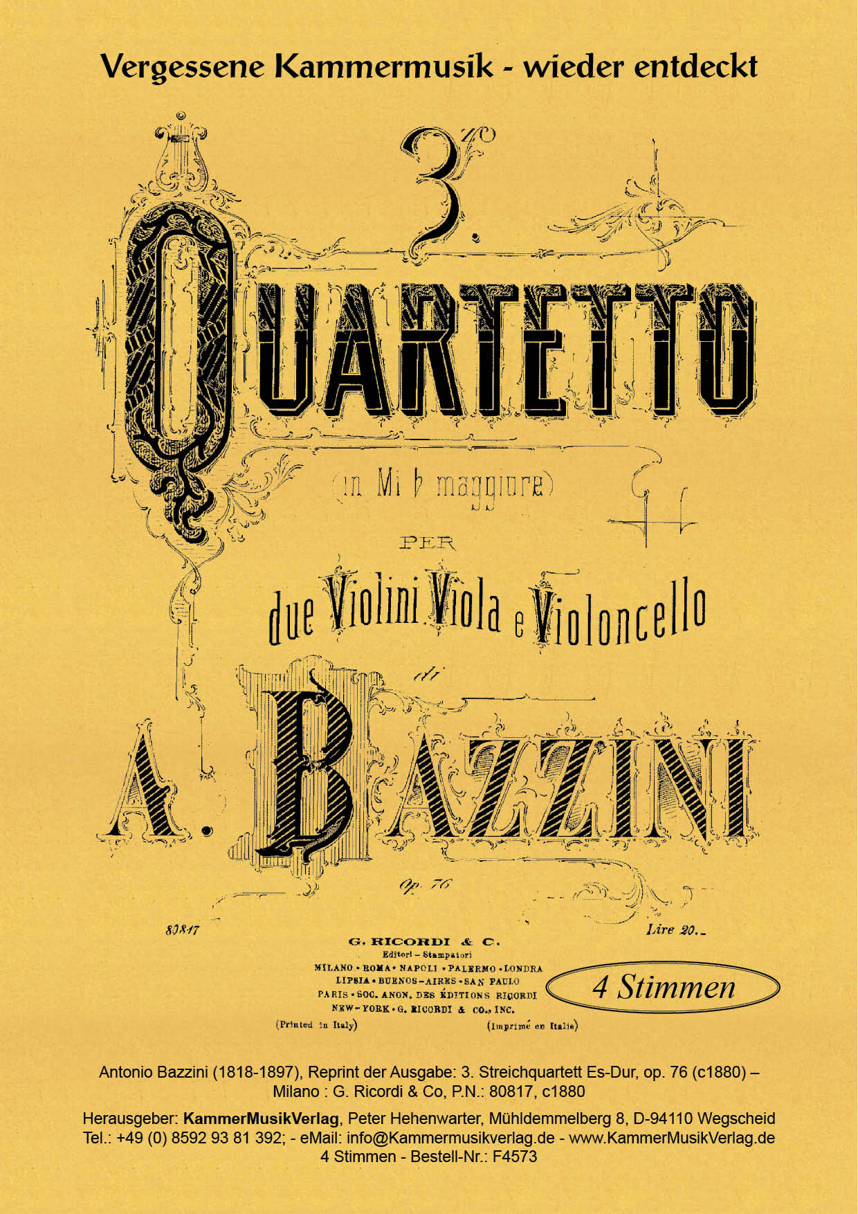 F4573-Bazzini_Titelgrafik Bazzini, Antonio –  Streichquartett Nr. 3, Es-Dur, op. 76