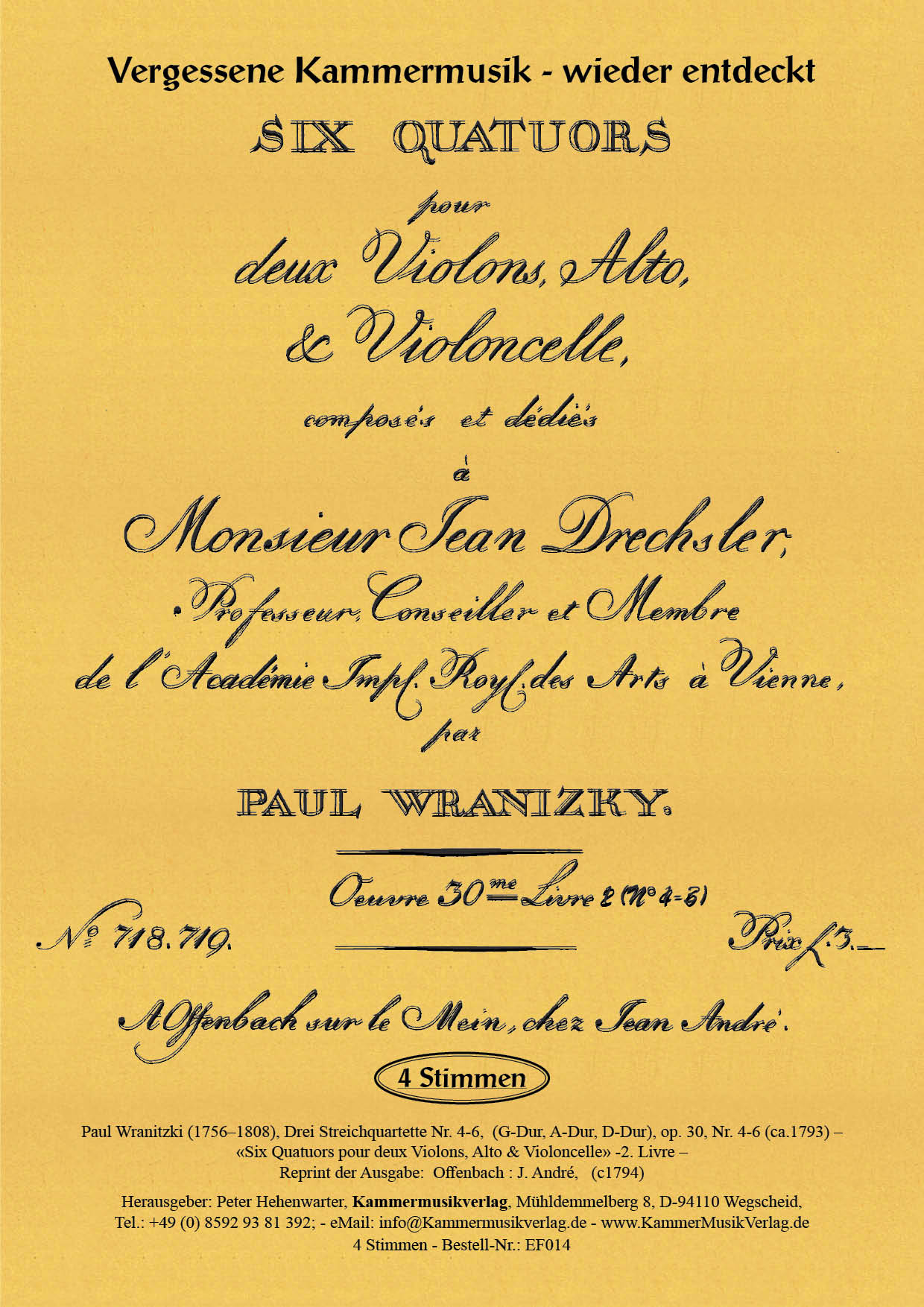 EF014-Wranitzki_op_30_4-6__Titelgrafik Wranitzki, Paul - Three string quartets op. 30, No. 4-6