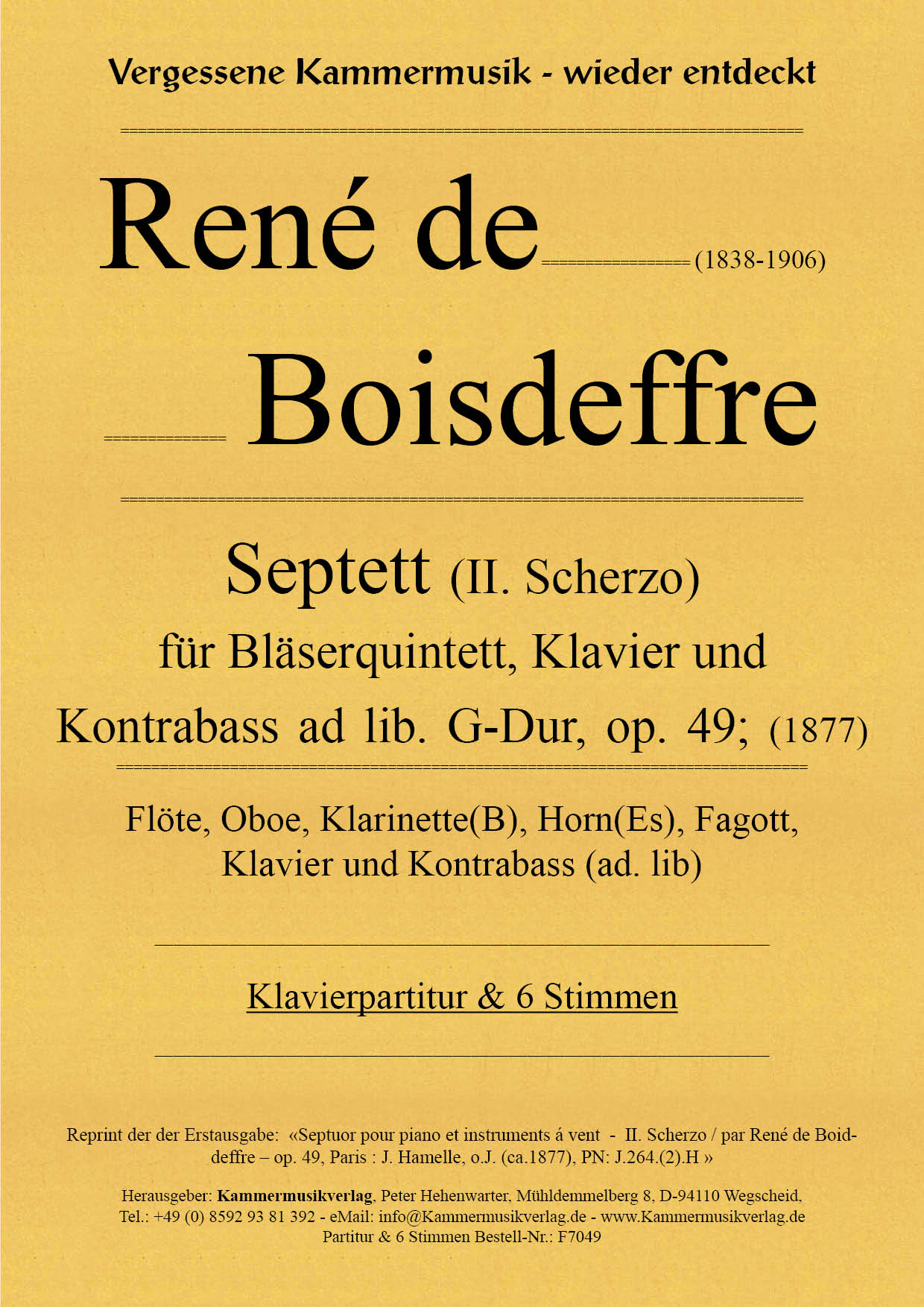 F7049_Boisdeffre_Titelgrafik59c296deb0d46 Boisdeffre, René de – Klavierseptett mit Bläsern und Kontrabass, G-Dur, op. 49