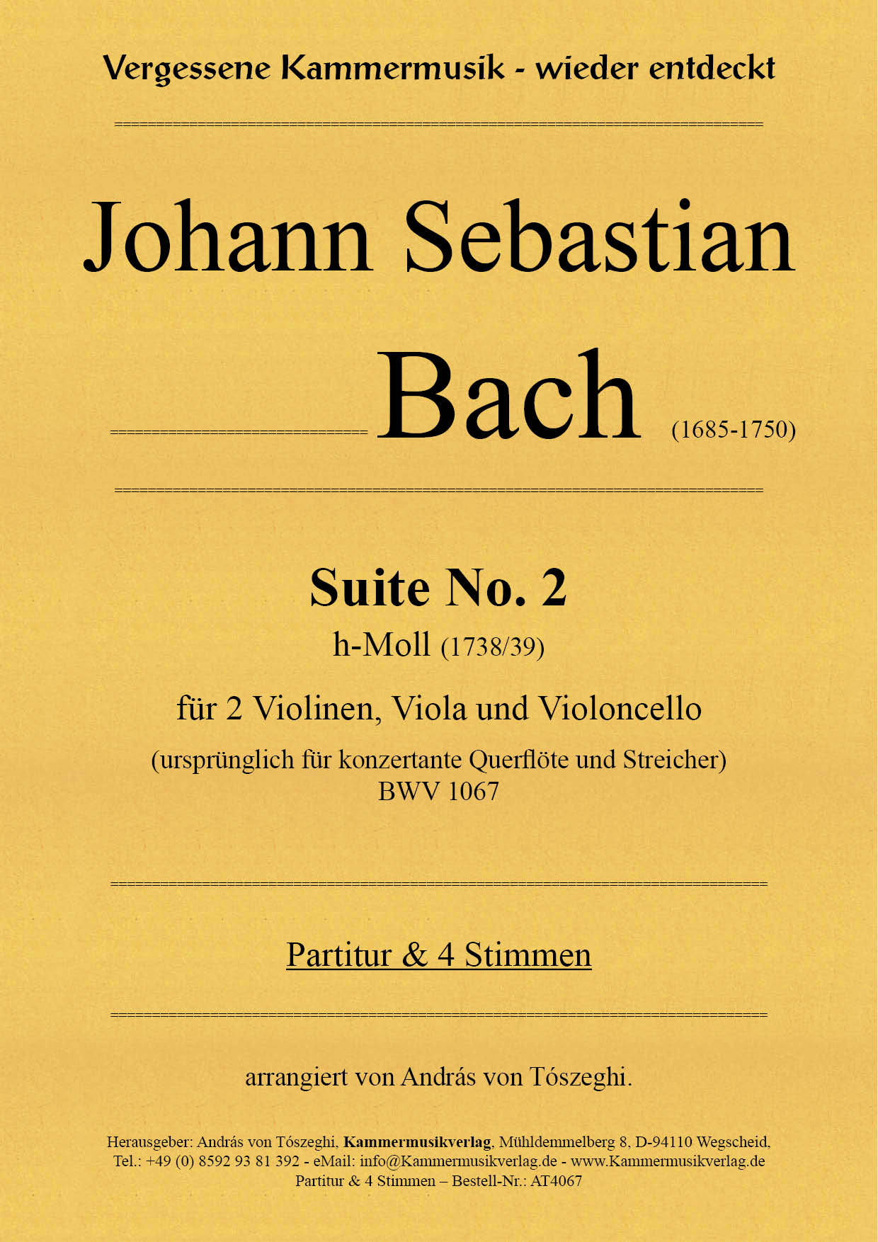 AT4067_Bach-BWV_1067__Titelgrafik Bach, Johann Sebastian –  Suite No. 2 für Streichquartett, h-Moll