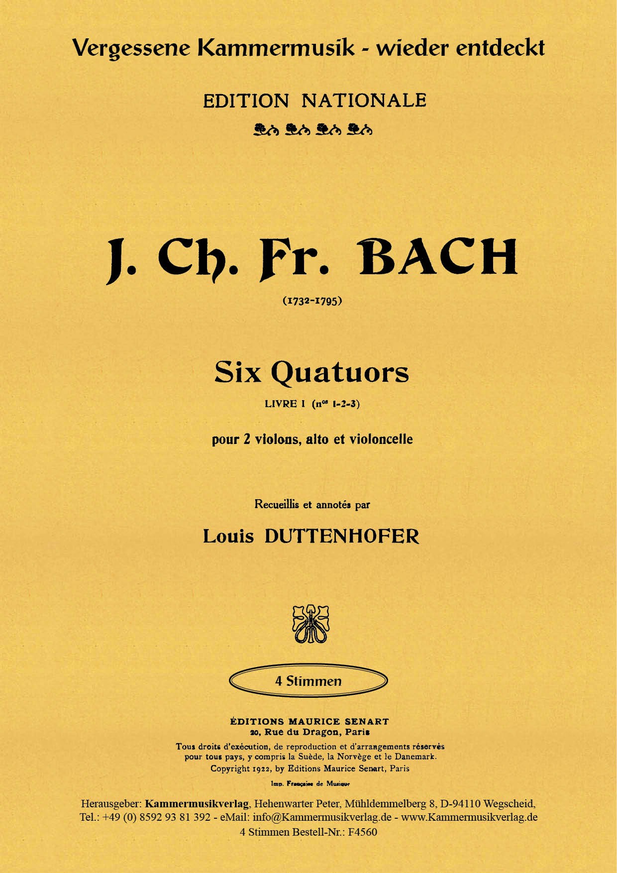 F4560-Bach_B-uck_1bis3_Titelgrafik5874ed4958279 Bach (Bückeburg), Johann Christ. – Streichquartette Nr. 1-3, A-Dur, op. 1, Nr. 1-3