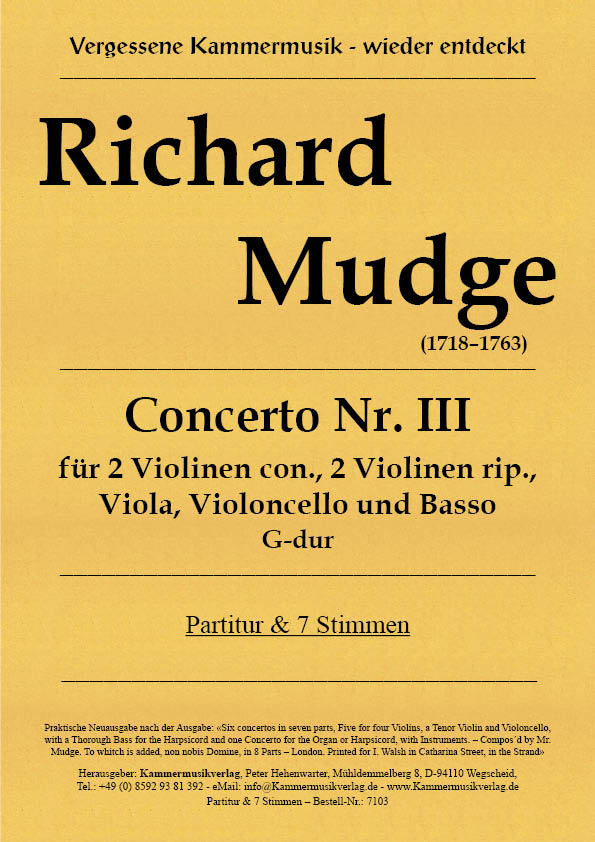 7103-Mudge-Con_3__Titelgrafik Mudge, Richard – Concerto Nr. III für 2 Violinen con. 2 Violinen rip.,Viola, Violoncello und Basso