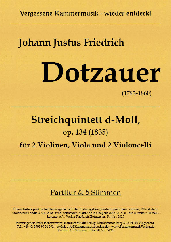 5134_Dotzauer__Titelgrafik Dotzauer, Justus Johann Friedrich - String Quintet, D minor, op. 134