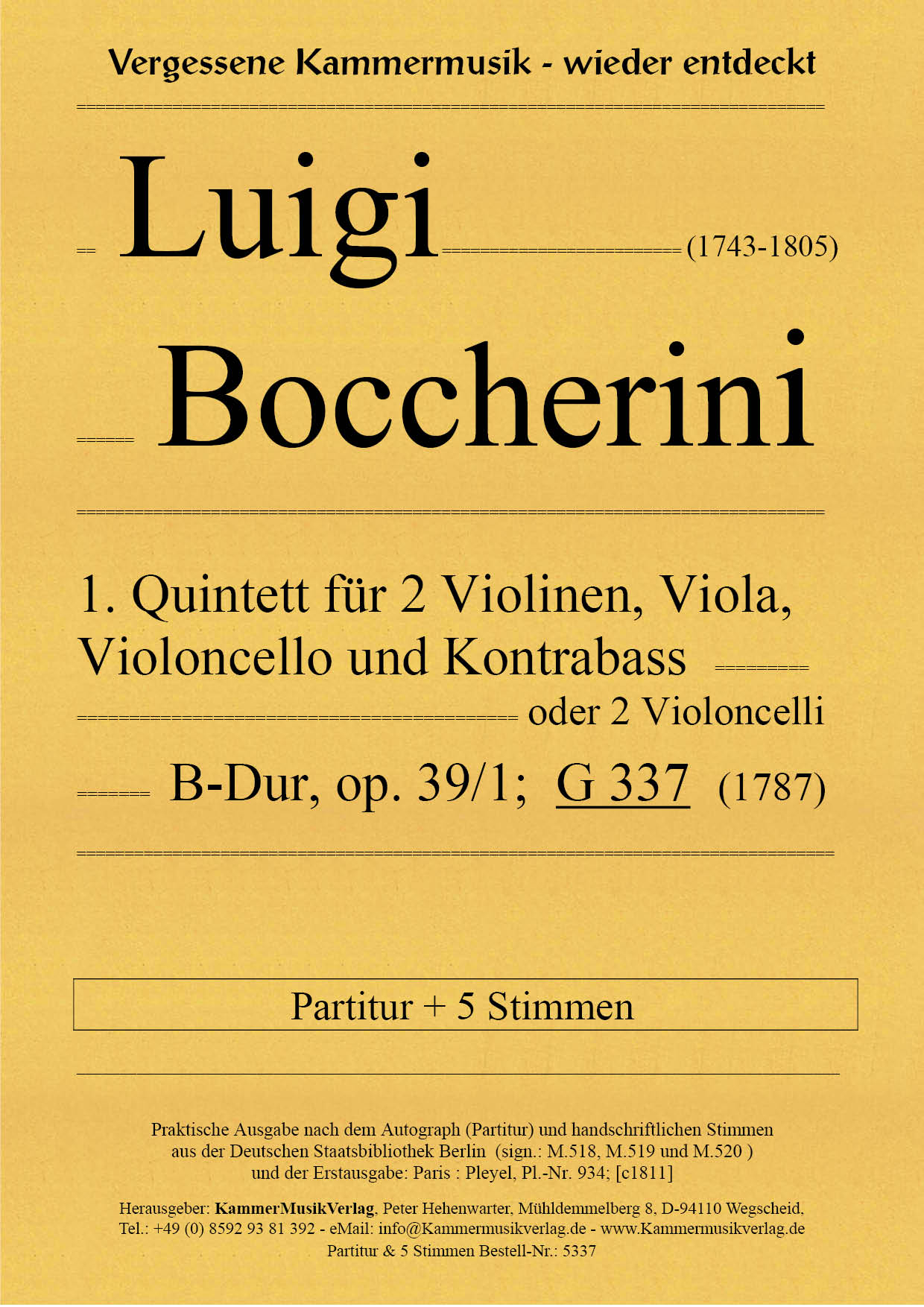 5337_Boccerini_Titelgrafik Boccherini, Luigi - 1st quintet for 2 violins, viola, violoncello and double bass, B flat major, op. 39-1, G 337
