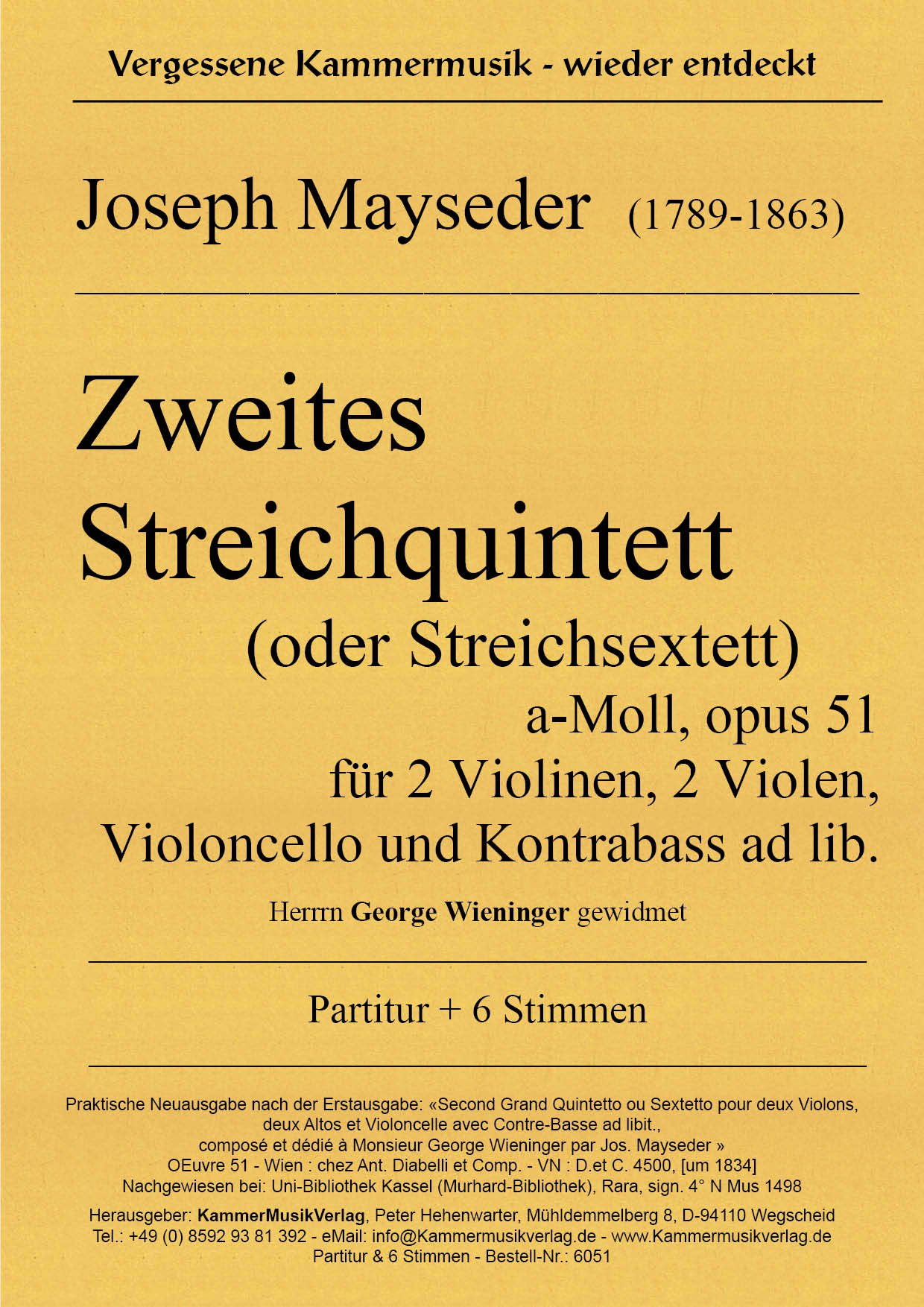 6051-Mayseder__Titelgrafik Mayseder, Joseph – Streichsextett mit Kontrabass Nr. 2, a-Moll, op. 51