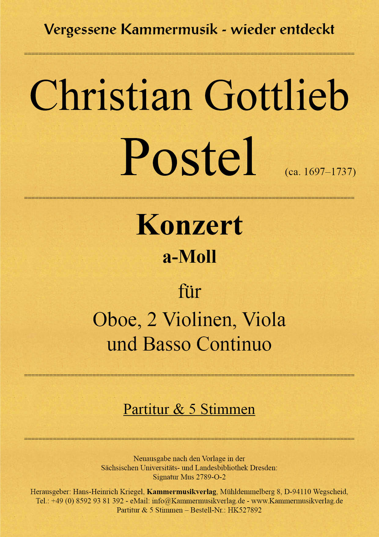 HK527892-Postel_Konzert__Titelgrafik Postel, Christian Gottlieb - Concerto in A minor for oboe, 2 violins, viola and basso continuo