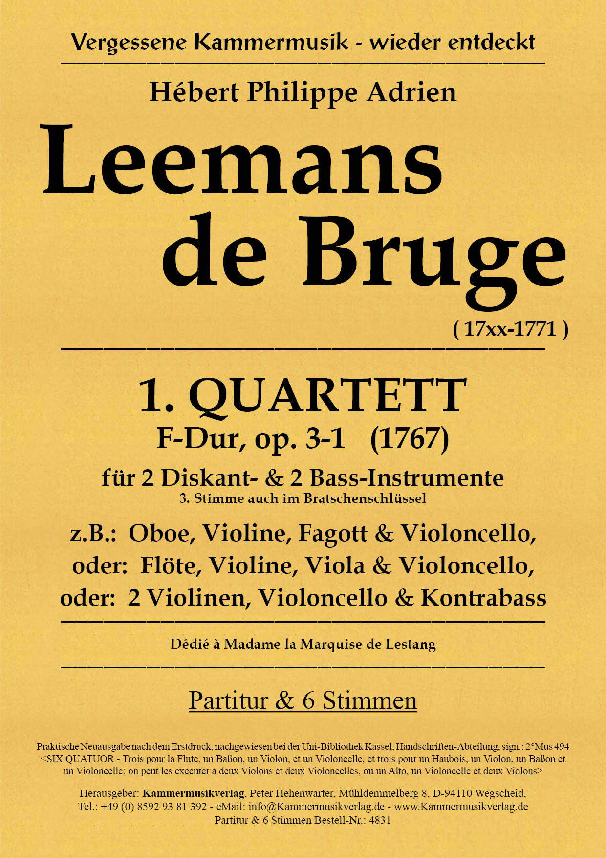 4831-Leemans_op_3_1__Titelgrafik Leemans de Bruge, Hébert Ph. A. – Streichquartett Nr. 1, F-Dur, op. 3-1