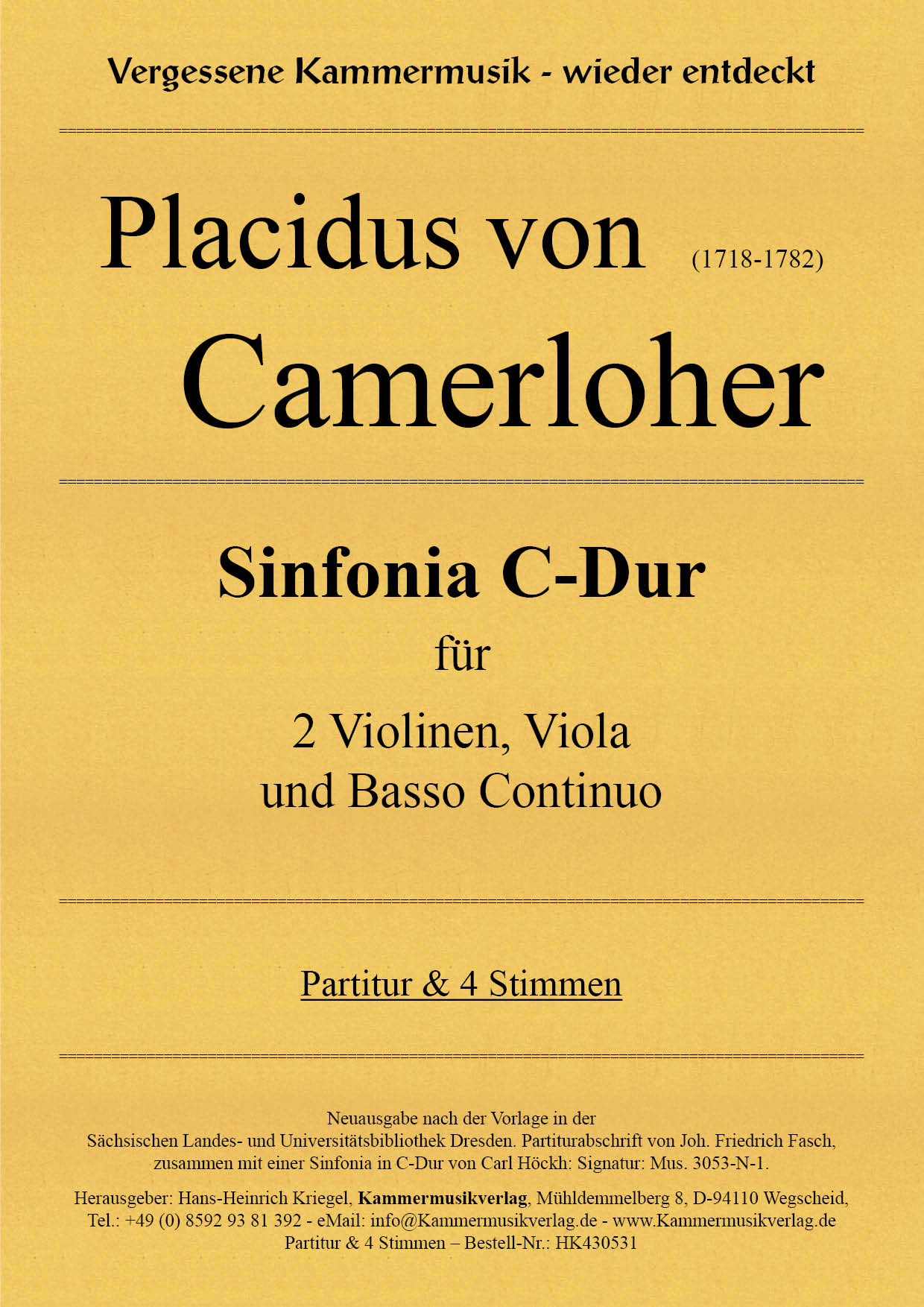HK430531-Camer_Sinf__Titelgrafikx7WnwE3Ouvlv5 Camerloher,  Placidus von – Sinfonia C-Dur für 2 Violinen, Viola und Basso Continuo