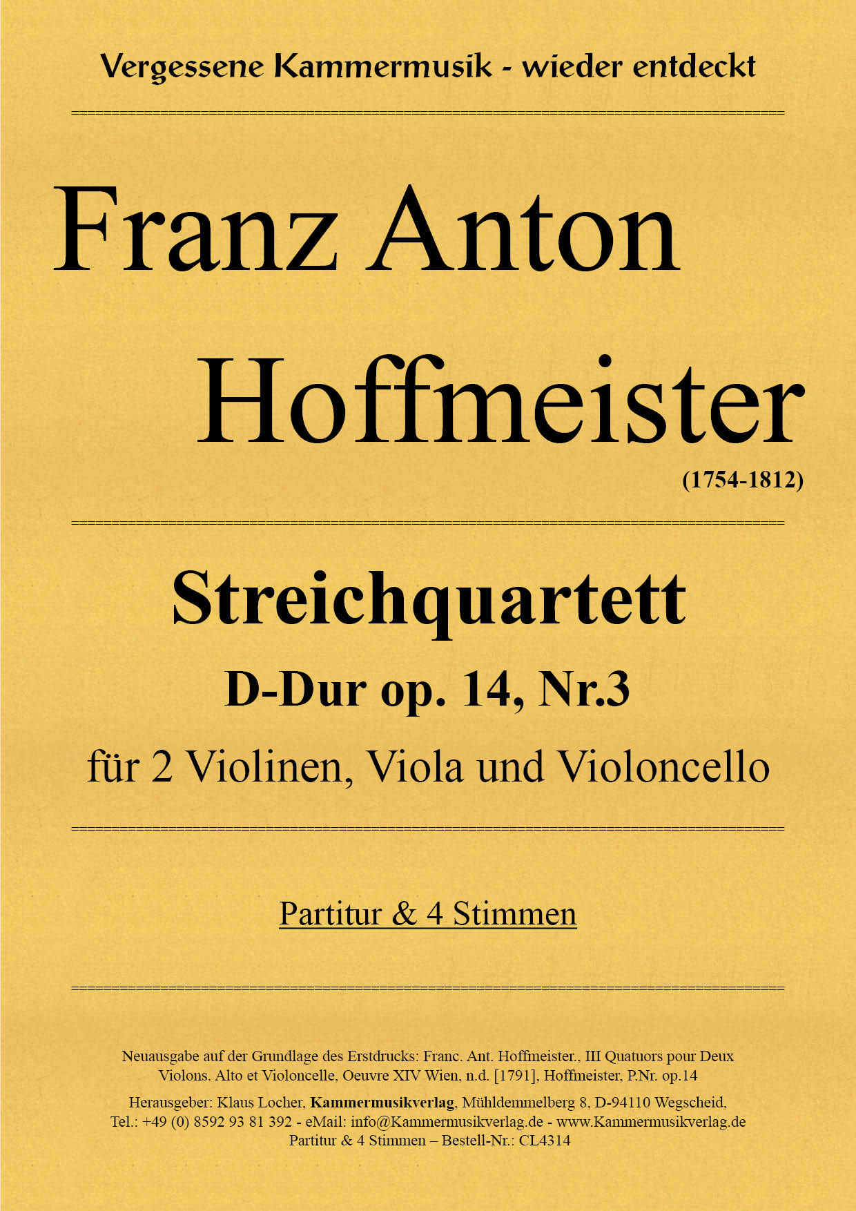 CL4314-Hoffmeister_Titelgrafik Hoffmeister, Franz Anton – Streichquartett D-Dur op. 14, Nr. 3
