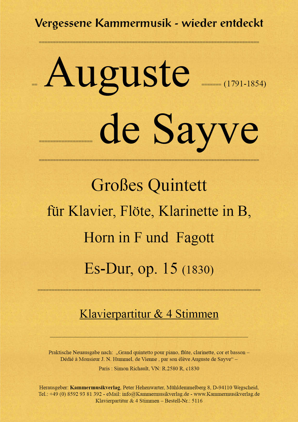 5116_Sayve_15__Titelgrafik_Bl-aserA681bd4o44LNY Sayve, Auguste de – Großes Quintett für Klavier und Bläser, Es-Dur, op. 15