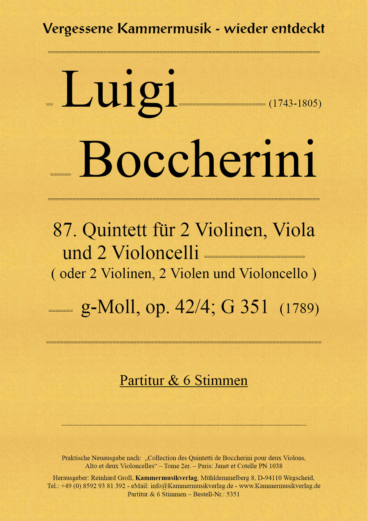 5351_Boccerini_42_4__Titelgrafik Boccherini, Luigi – 87. Quintett für 2 Violinen, Viola und 2 Violoncelli, g-moll, op. 42/4; G 348