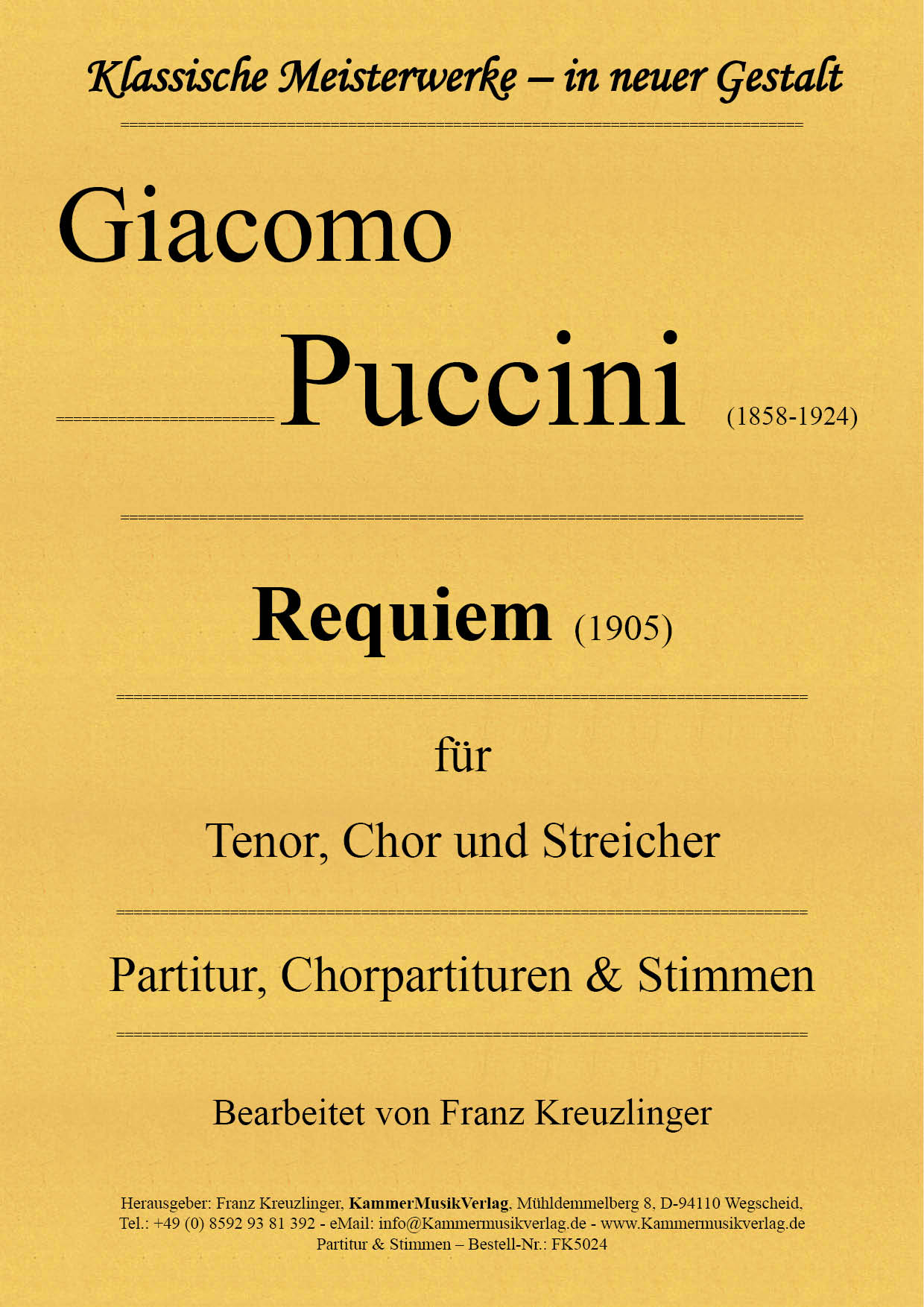 FK5024-Puccini-Requiem_TitelgraphikFCDE7qCofHt27 Puccini, Giacomo – Requiem (1905) für Tenor, Chor und Streicher