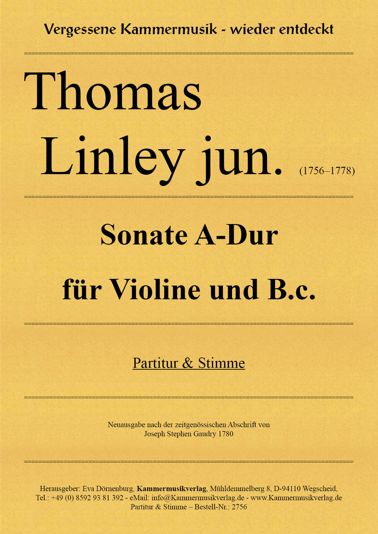 2756-Linley_Sonate__Titelgrafik Linley Thomas jun. – Sonate A-Dur für Violine und Basso continuo
