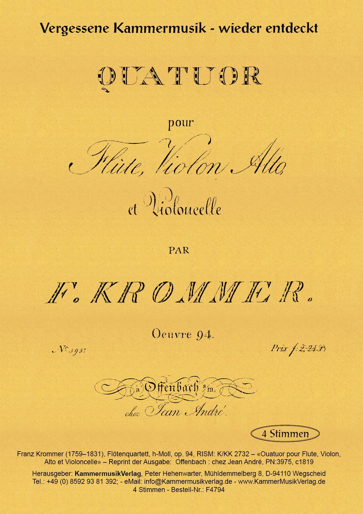 Krommer, Franz –  Flötenquartett, h-Moll, op. 94