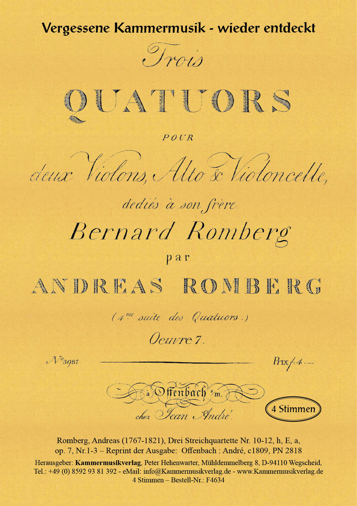 F4634-Romberg_And_op_7_Titelgrafik Romberg, Andreas - Three string quartets No. 10-12, h, E, a, op. 7, No. 1-3